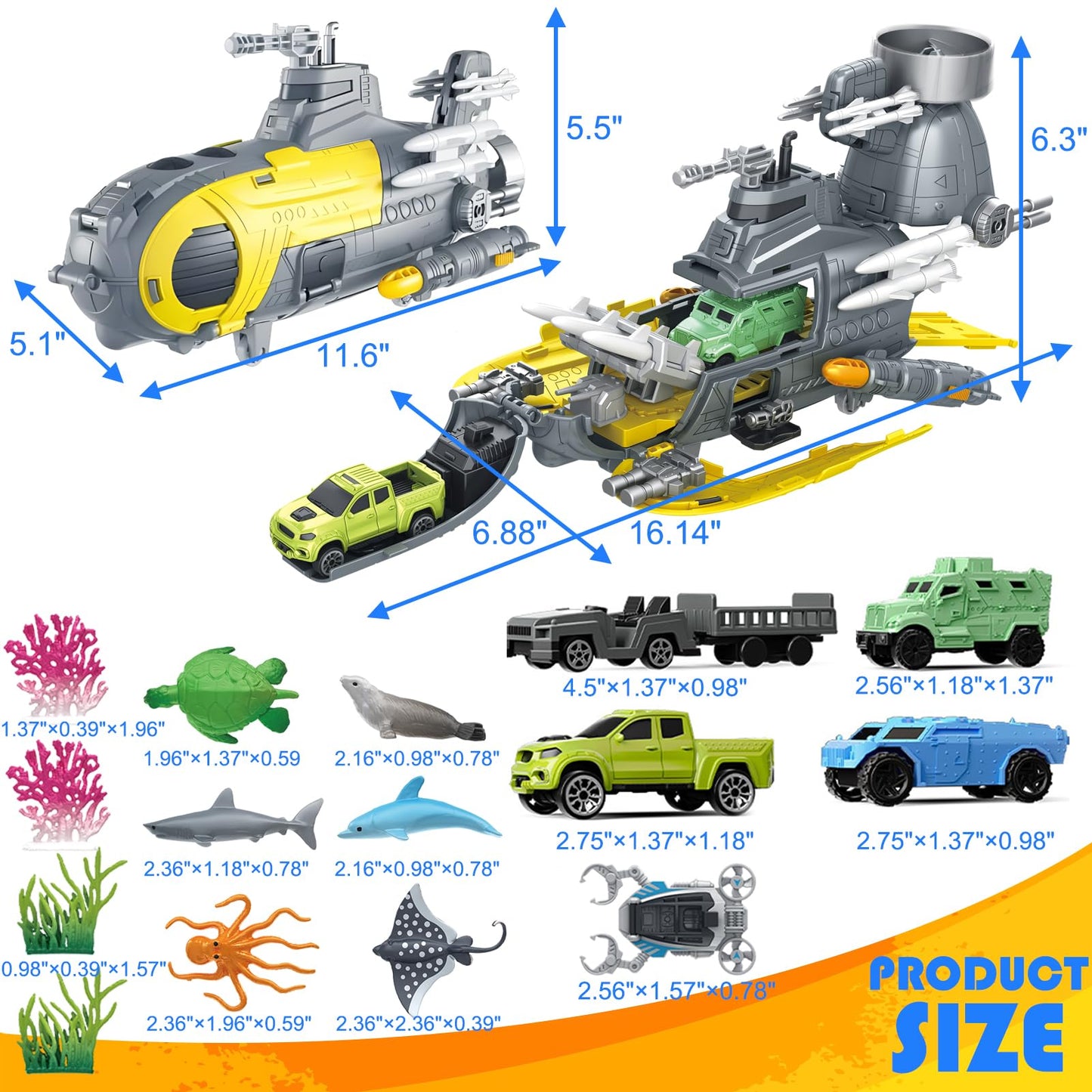 Frontoytall Deep Sea Creatures & Submarine Toy, Ocean Animal Toys with Truck Cars, 23 Piece Educational Playset for Kids Ages 3+ Years Old, Indoor & Outdoor Play, Preschool Learning for Boys Girls