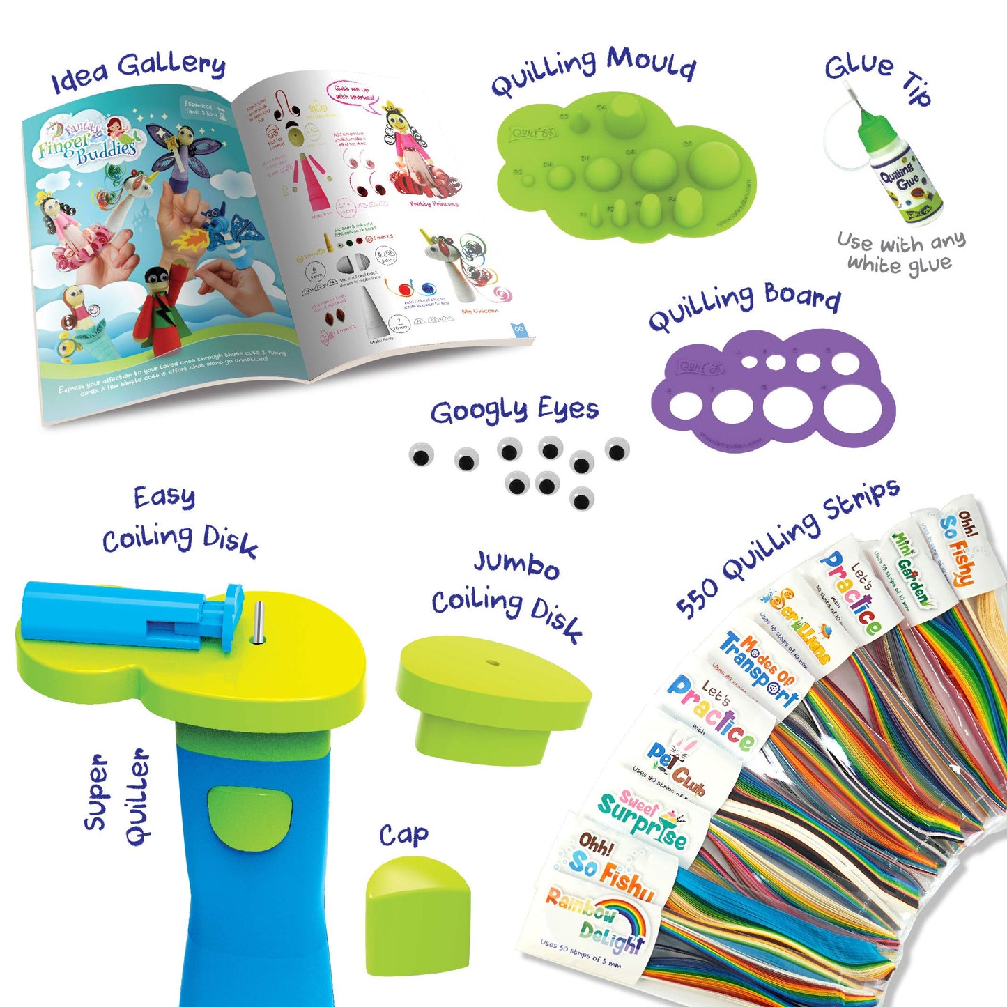 Quill On Quilling Kit - Complete Quilling Set for Beginners - Automated Tool, Board, Mould, 550 Strips, 120 Page Book; Unisex, Ages 6+, Not Foldable