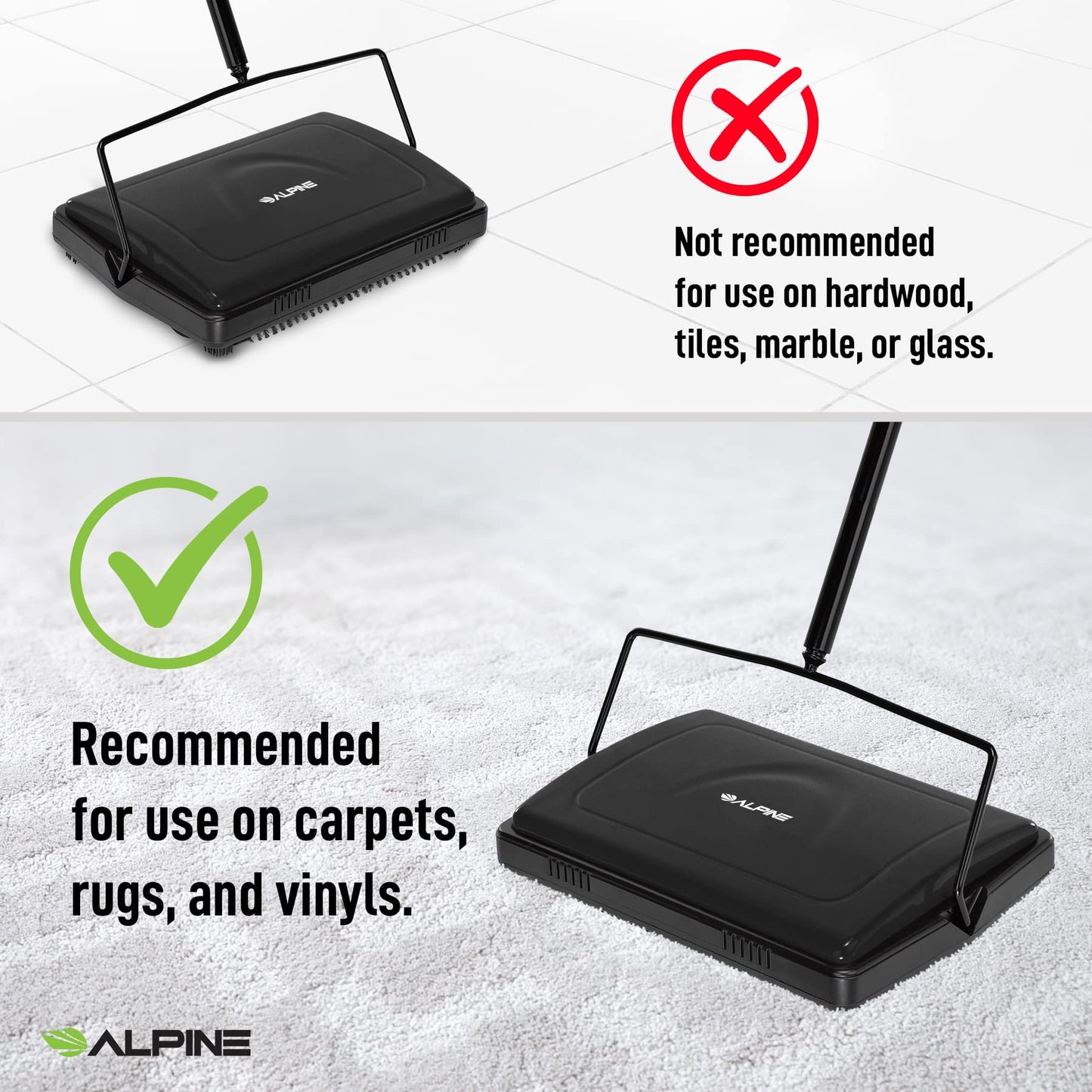 Alpine Manual Carpet Sweeper Triple Brush – Cordless Non Electric Multi-Surface Floor Brush Hardwood Floor Cleaner Easy Sweeping for Carpeted Floors (Improved Black)