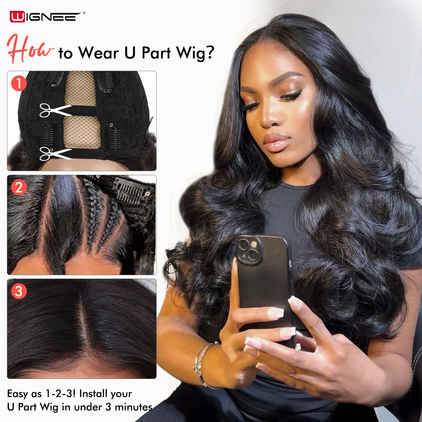 WIGNEE U Part Human Hair Body Wave Wig 100% Unprocessed 12A Grade Brazilian Virgin Human Hair Clip in V Part Body Wave Wigs for Black Women Human Hair Glueless 18 Inch Black Curly Human Hair Wig