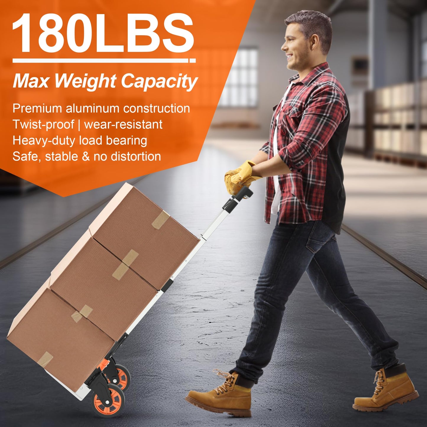 DIAMONDFORGE Folding Hand Truck, 180lbs Lightweight Foldable Dolly Cart with Wheels and Telescopic Handle, Portable Folding Dolly with Rubber Wheels for Moving Groceries, Home, Auto, Black Orange