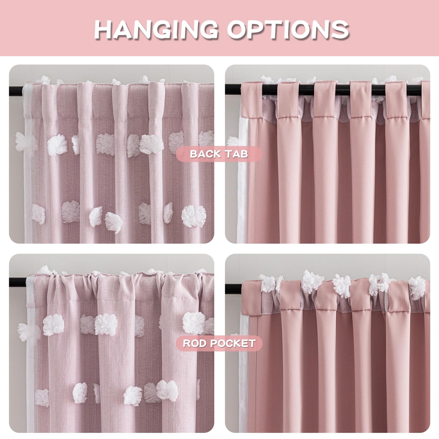 MYSKY HOME Pink Curtains for Girls Room 84 Inches Long Nursery Curtains Girl for Kids Room Double Layer White Pom Pom Sheer Living Room Darkening Window Drapes Back Tab, W52 X L84, 2 Pieces