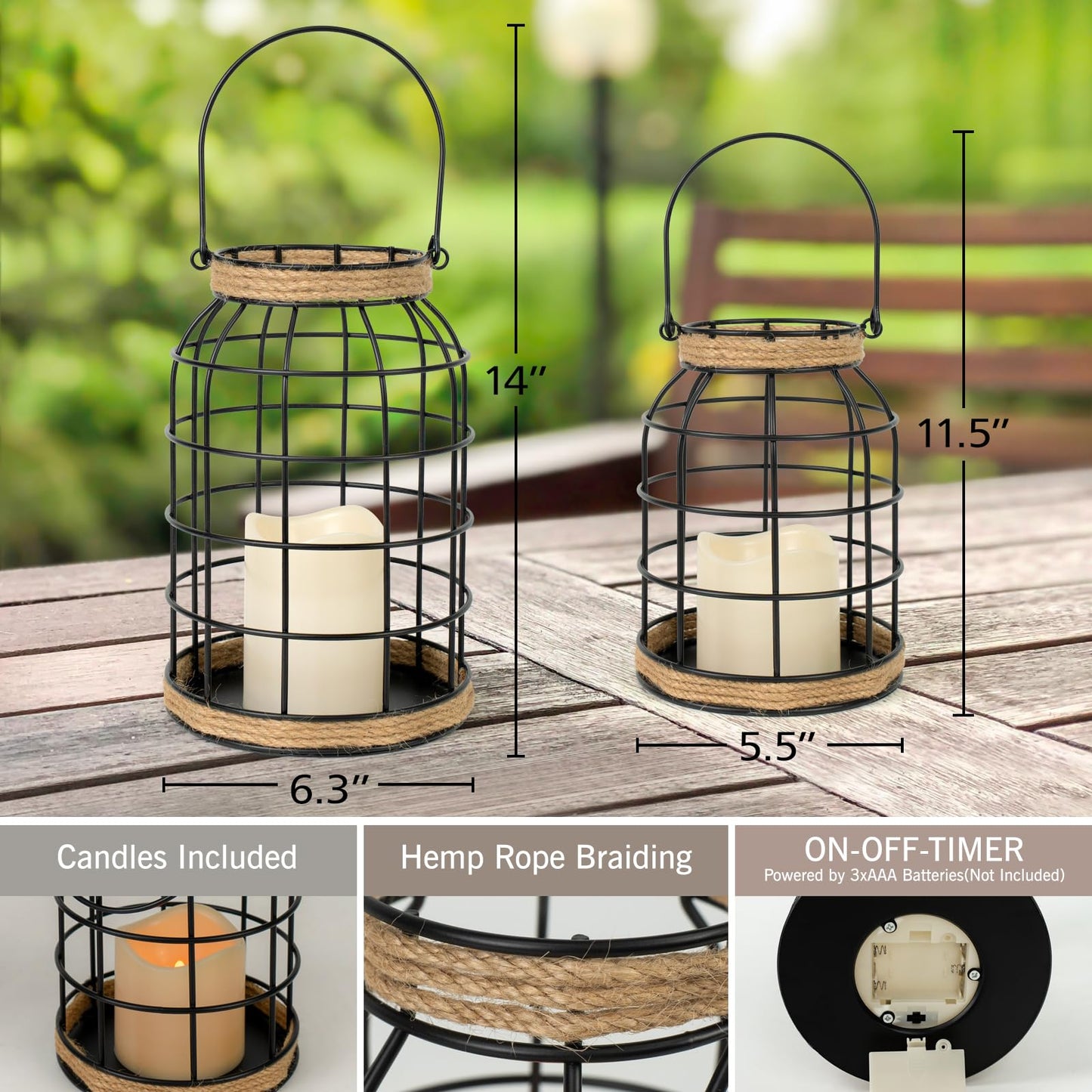 Lumeavetra Rustic Farmhouse Decorative Lantern Set of 2, Boho Lanterns with LED Candles, Modern Farmhouse Indoor Outdoor Decor for Living Room Patio Porch Fireplace Kitchen Dining Table Centerpiece