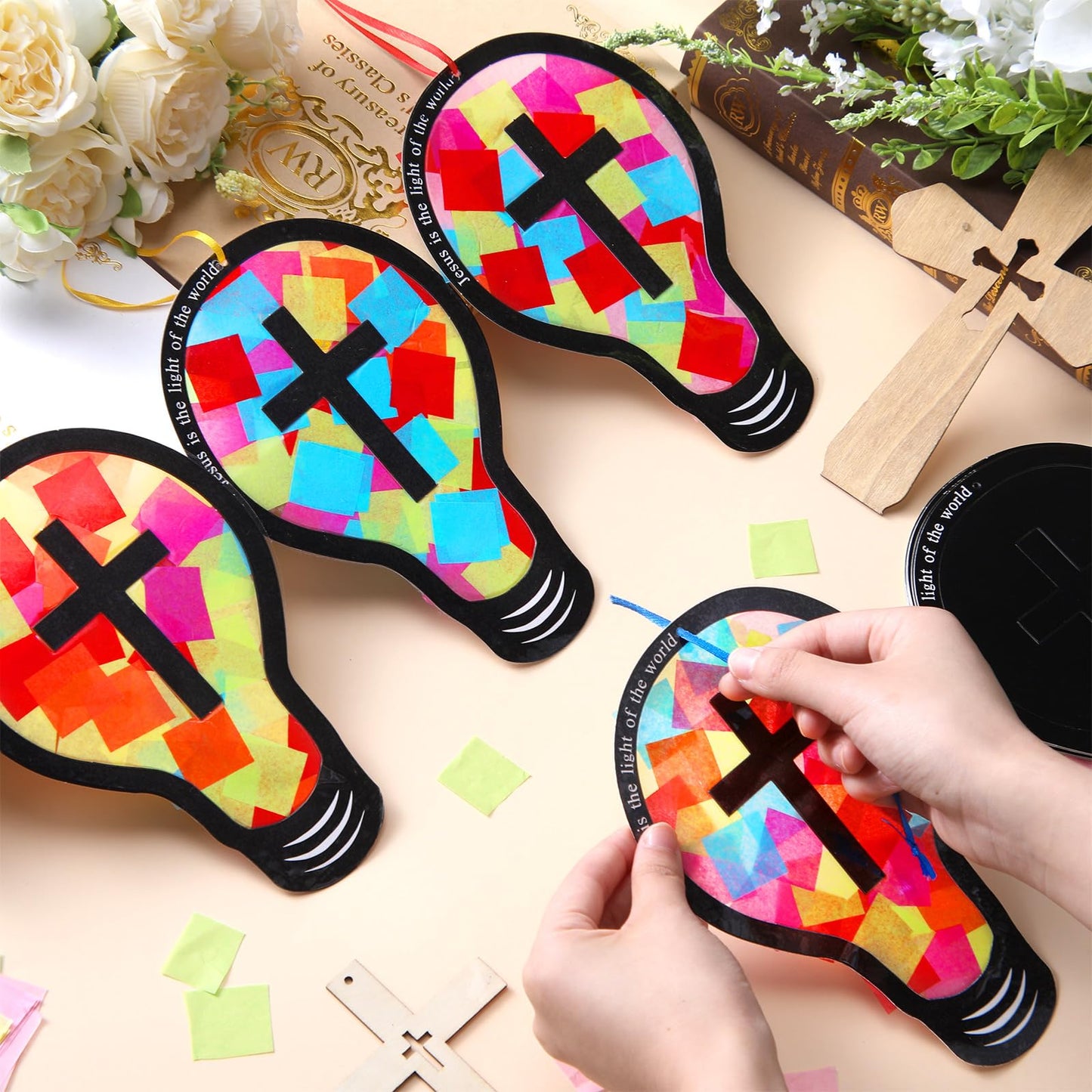 Eaasty Rainbow Light Bulb 48 Sets 2026 Vbs DIY Jesus Light Craft Kit, Illumination Themed Christian Suncatcher Cross Stained Glass Art for Easter Sunday School Back to School Activities