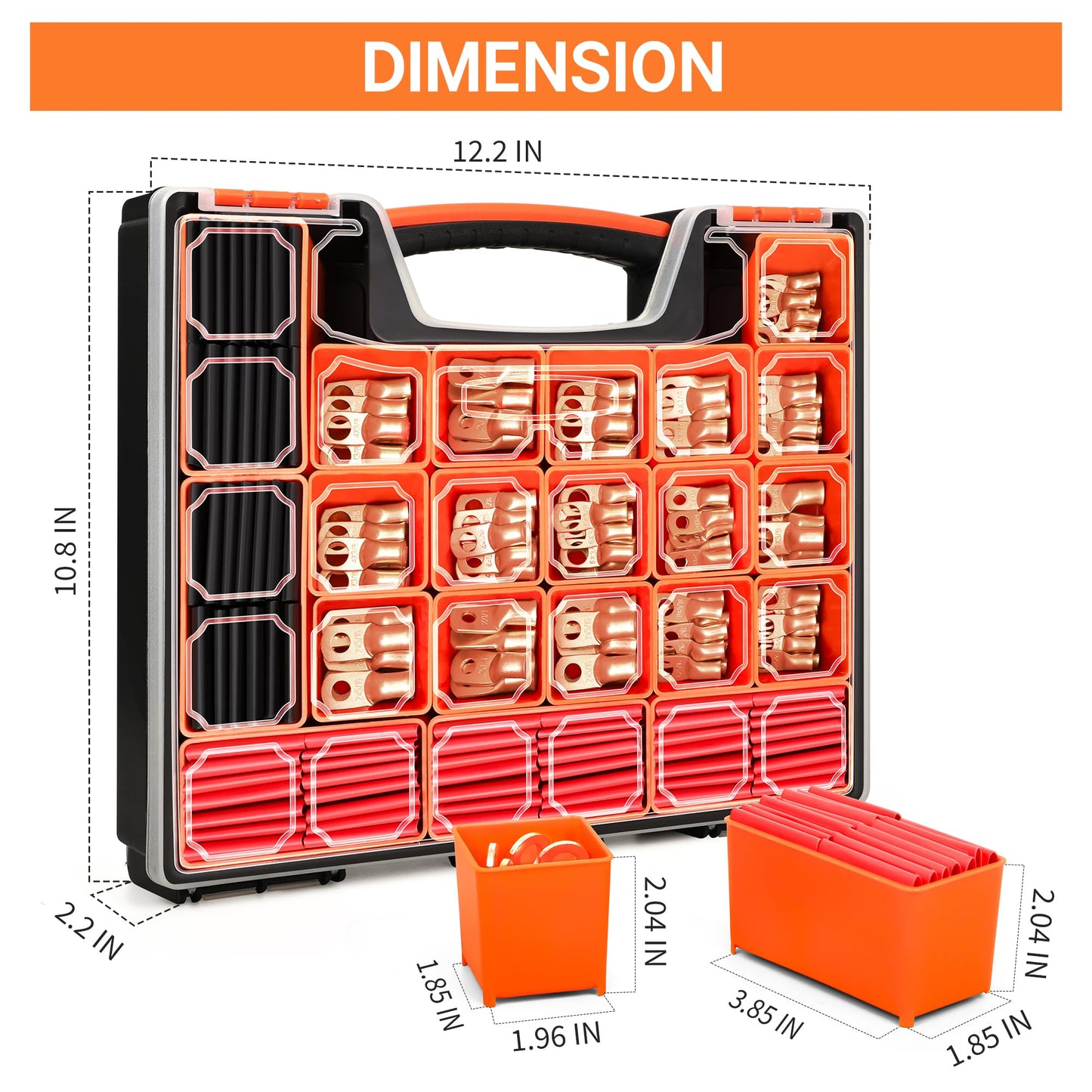 Kuject 220PCS Battery Cable Ends AWG 1 2 4 6 8 1/0 2/0 Gauge, 110PCS Heavy Duty Copper Wire Lugs Kit, Battery Cable Terminal Connectors Assortment with 110PCS 3:1 Heat Shrink Tubing
