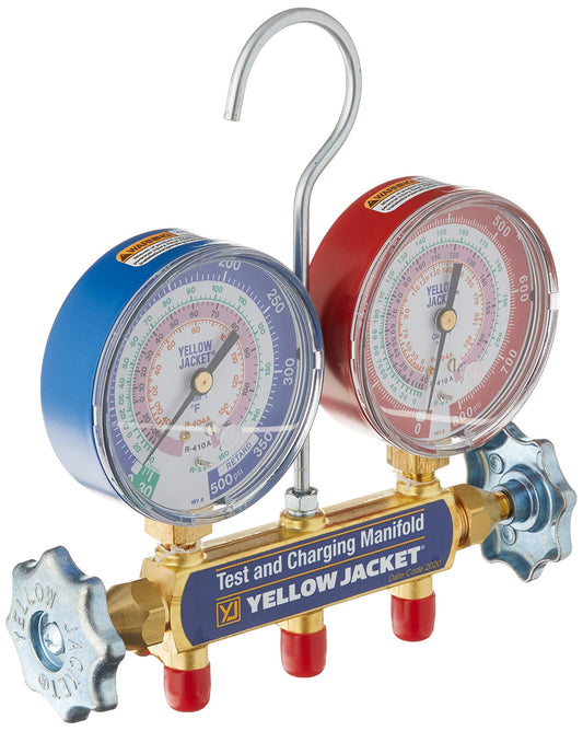 Yellow Jacket 42001 Manifold with 3-1/8" Color-Coded Gauges, psi, R-22/404A/410A (Clamshell)