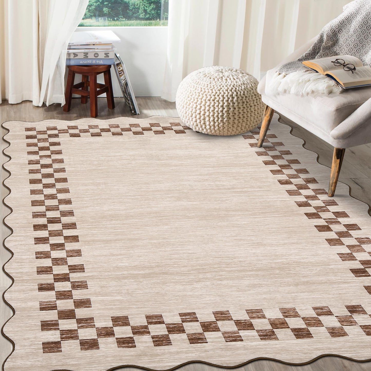 GarveeHome Washable Rug 5x7 for Living Room Large Bedroom Scalloped Rug Non Slip Stain Resistant Modern Border Throw Carpet Soft Boho Rug for Dining Room Nursery Home Office, Beige
