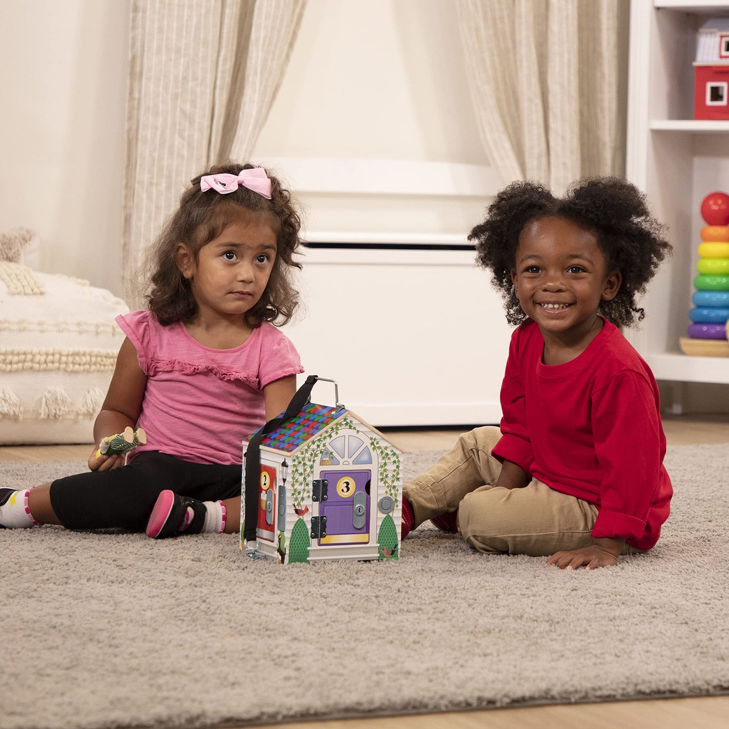 Melissa & Doug Take-Along Wooden Doorbell Dollhouse - Doorbell Sounds, Keys, 4 Poseable Wooden DollsPortable Doll House, for Kids Ages 3+