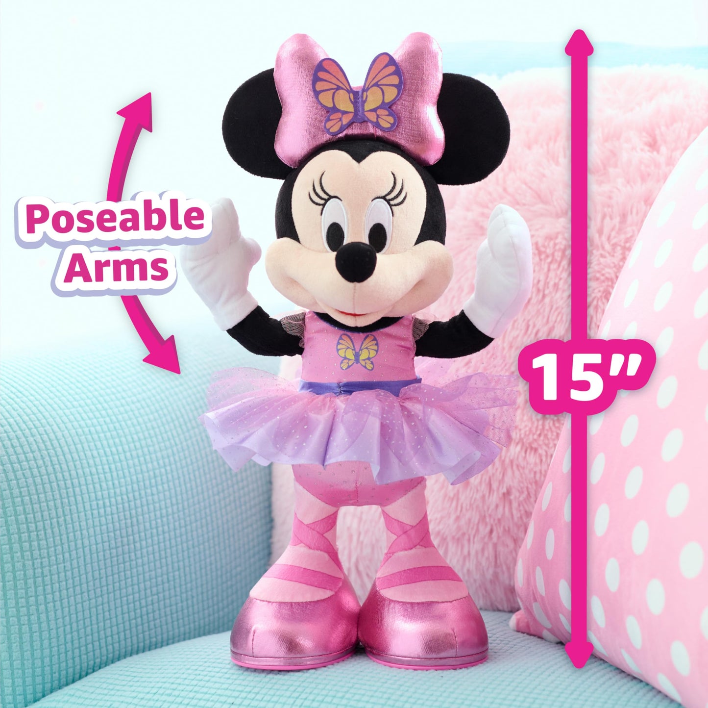 Disney Junior Minnie Mouse Sing and Dance Butterfly Ballerina Lights and Sounds Plush, Sings Just Like a Butterfly, Officially Licensed Kids Toys for Ages 3 Up, Gifts and Presents