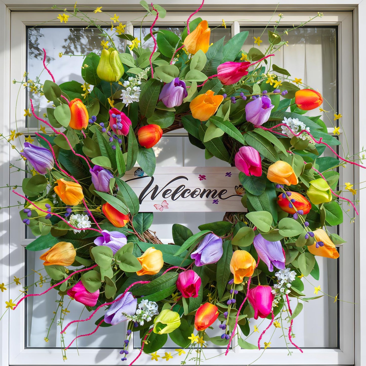 Summer Spring Wreaths for Front Door 26 Inch, Tulip Spring Summer Wreath with Welcome Sign, Artificial Floral Spring Door Wreath for Outdoor Front Door, Farmhouse Seasonal Summer Wreath