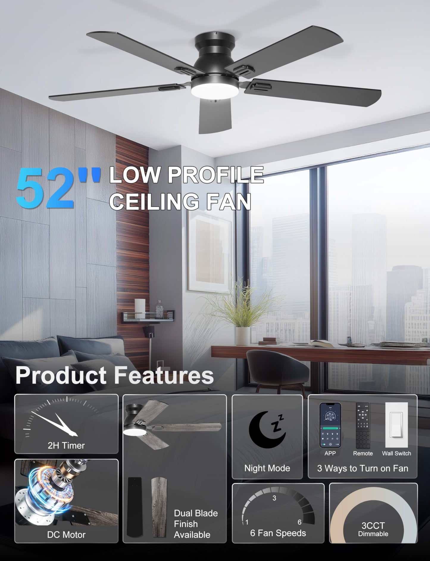 Phylluz 52'' Flush Mount Ceiling Fan with Lights, Space-Saving Low Profile for Low Ceilings, App/Remote Control, Safe Quiet DC Motor for Bedroom Living Room, Dimmable, Black