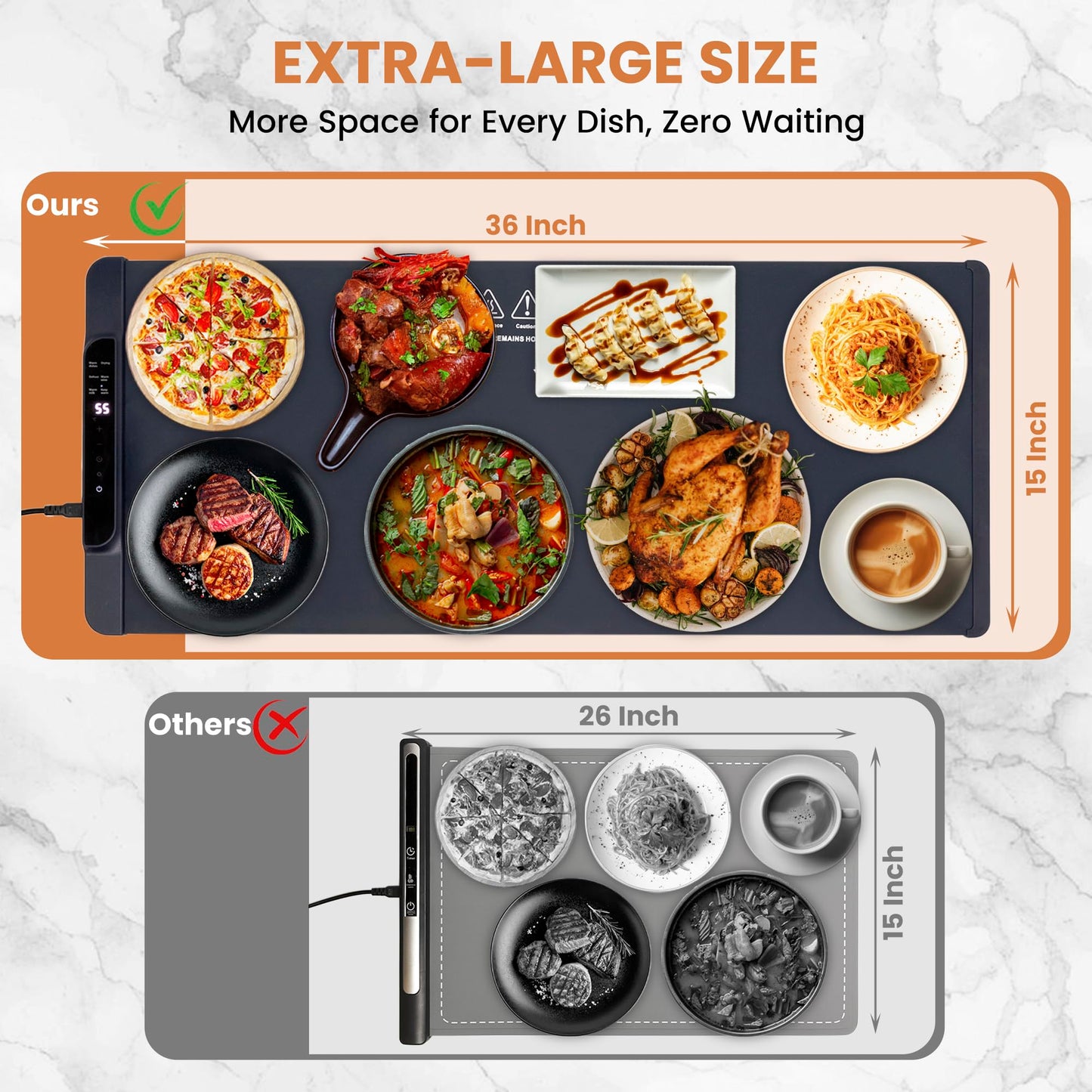 XXL Extra Large Warming Mat for Food with Heat Resistant Pad, 36”x15” Electric Food Warmer for Parties Buffet with 6 Preset Modes, Dual Temprature Display, Child Lock & Auto Shut-Off