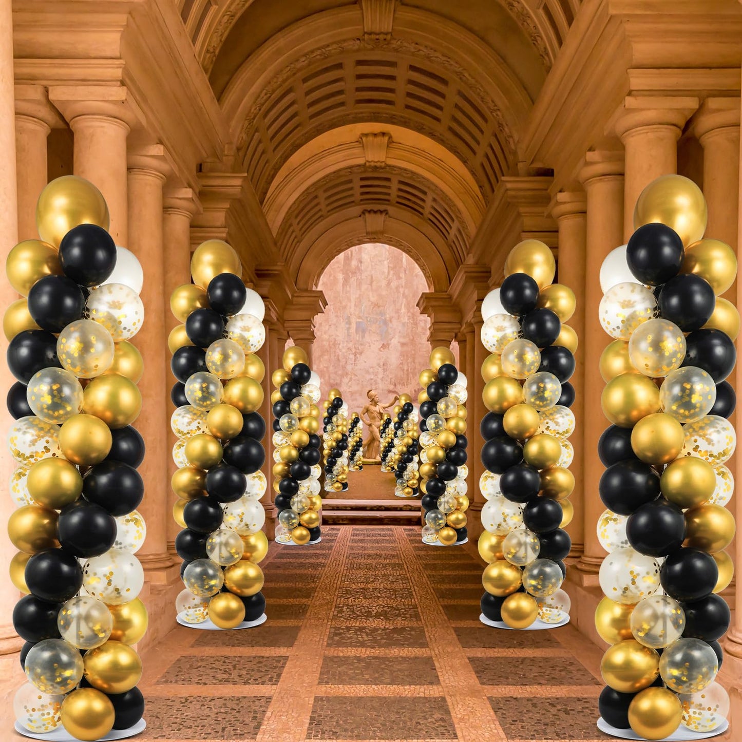 2 Set Black and Gold Balloons Column Stand Kit with 100 Balloons Adjustable Balloon Stand with Bases for Floor Black Gold Confetti Balloon Column Kit for Bridal Shower Valentine Birthday Party Decor
