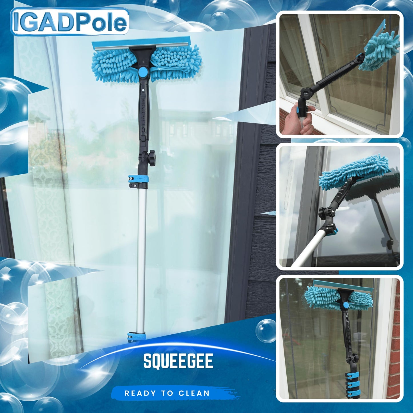 26ft IGADPole Washing Kit: Water-fed Brush, Cobweb Duster and 10” Squeegee and Soap Dispenser, with 5-Stage Telescoping Pole 5-20ft Pole