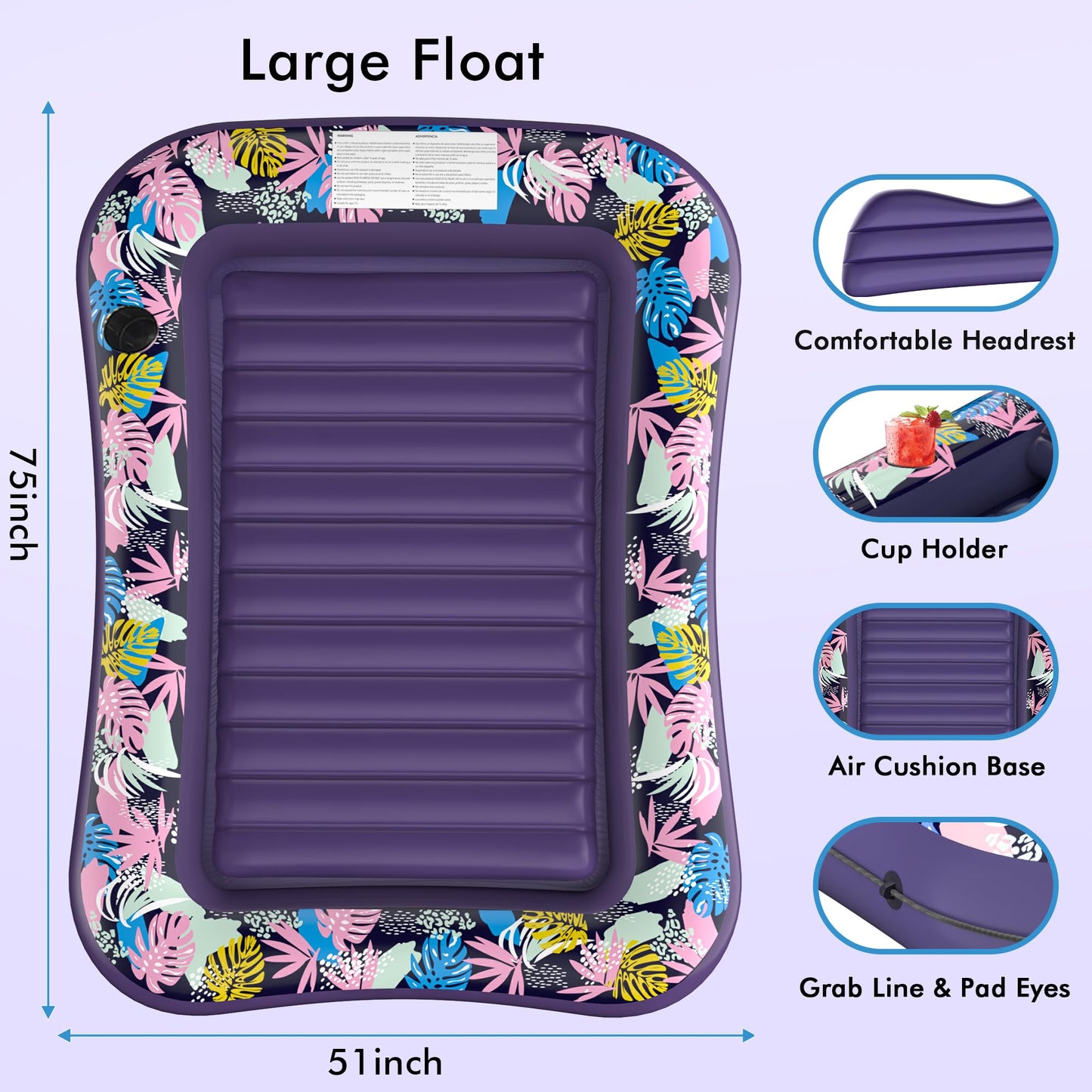 Tanning Pool Floaties for Adults, OKSUWATER Inflatable Tanning Pool Lounge Float with Removable Headrest & Drink Holder, Blow-Up Bed Sun Tan Tub for River & Lake Suntan Swimming Mattress（Purple-L）