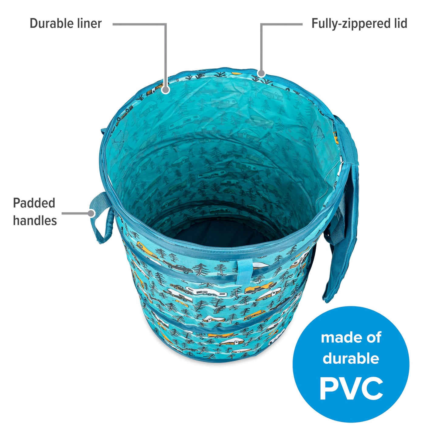 Camco Pop-Up Utility Container - Use as Collapsible Trash Can When Camping - Holds 30-Gallon Kitchen-Size Trash Bags - Stands 2-Ft Tall & Collapses for RV Storage and Organization (42990)