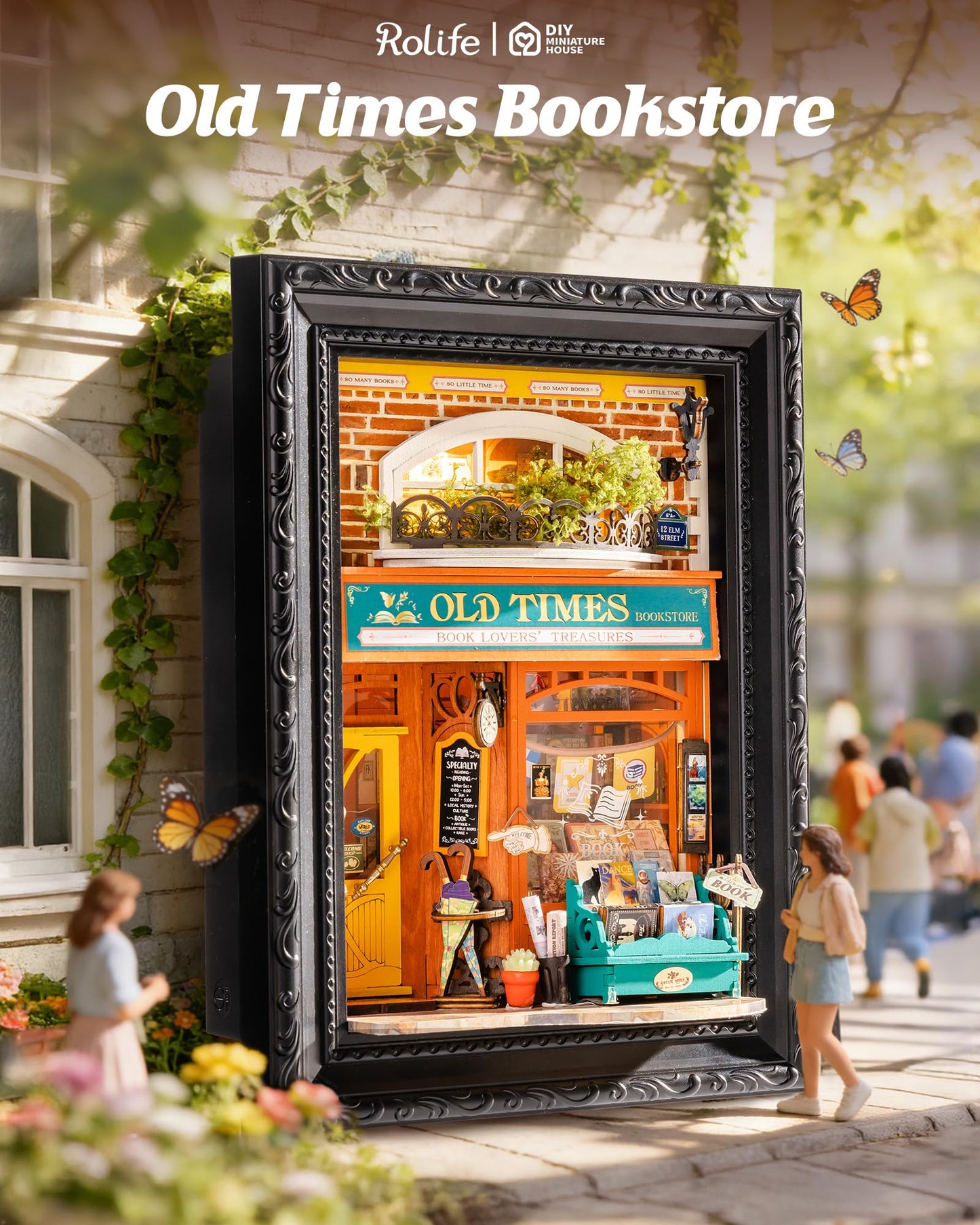 Rolife DIY Miniature House Kit Creative Frame 3D Wall-Mountable Dollhouse Mini Room Building Set Holiday Home Decor Craft for Adults (Old Times Bookstore)