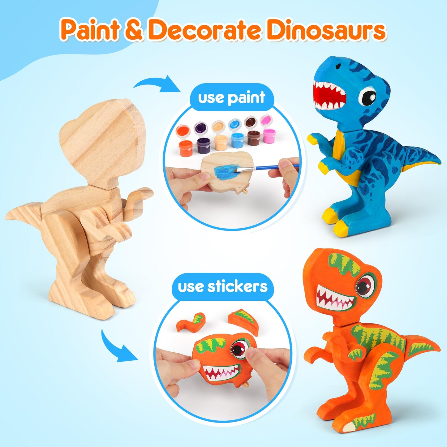 Mocoosy Wooden Dinosaur Painting Art and Craft Kit for Kids 3-5, Build & Decorate Your Own Dinos with Paint & Stickers, Wood Dinosaur Builder Game Montessoi Fine Motor Toy Gift Toddler Boys Girls 4-8
