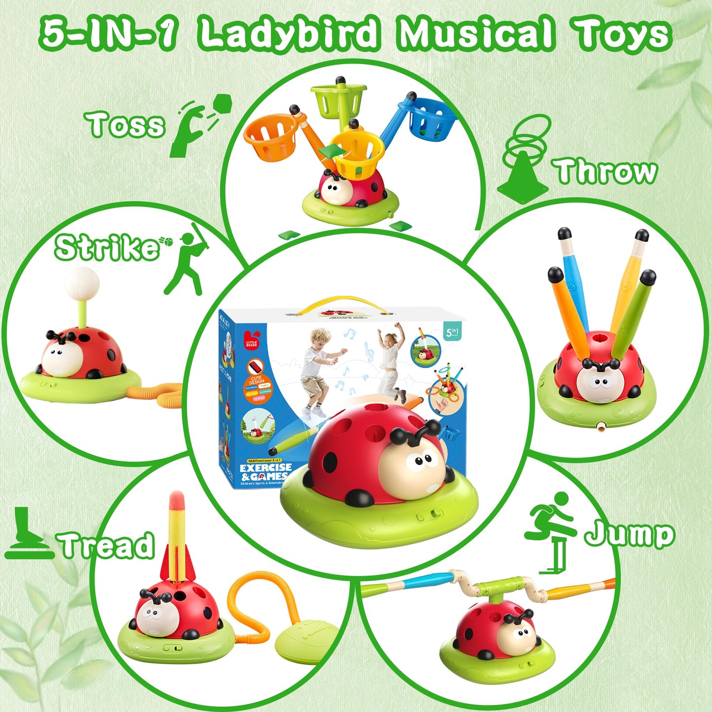 5 in 1 Musical Jump, Bean Bag Toss Ring Set, Baseball Toys and Rocket Launcher for Kids, Remote Control Indoor Outdoor Sports Toys for Kids 4-8