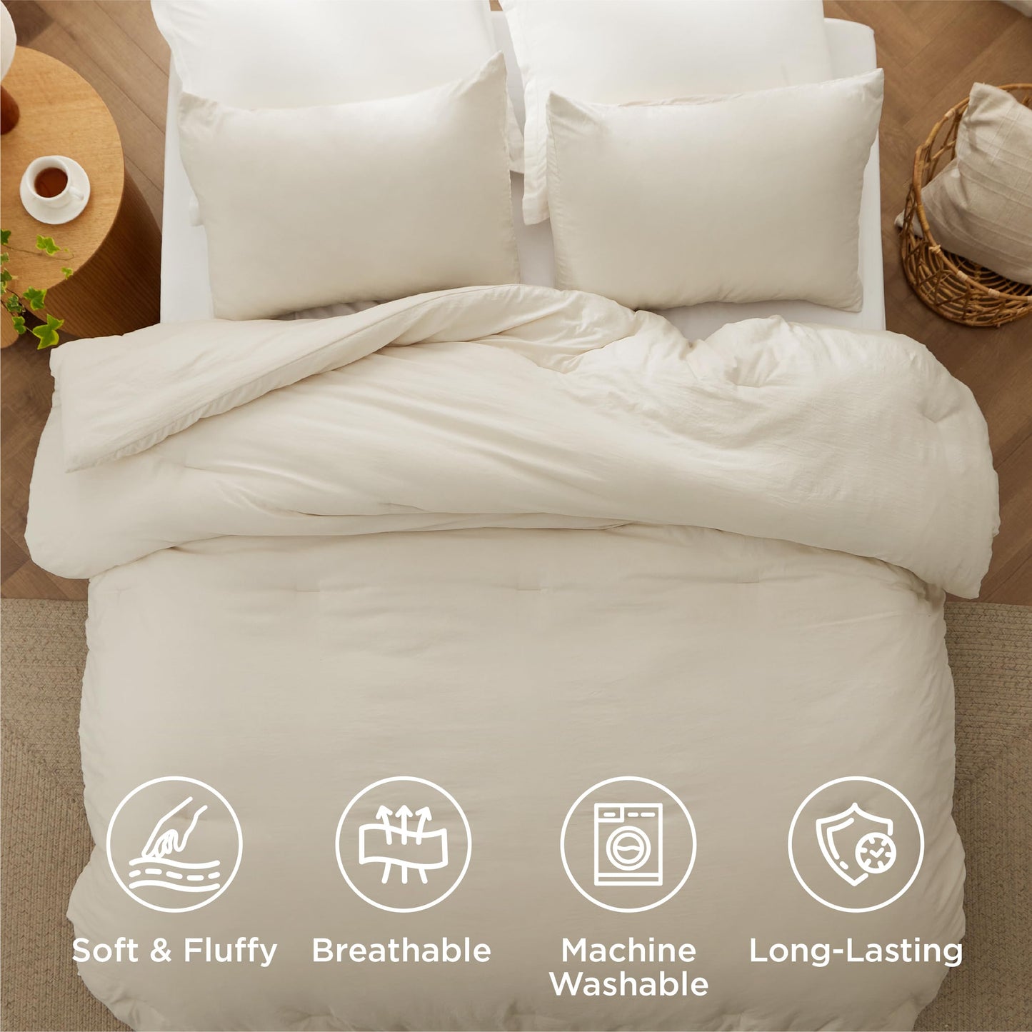 Bedsure Oversized Queen Comforter Set, Cream Soft Prewashed Bedding for All Seasons, 3 Pieces GentleSoft™ Bed Set, 1 Lightweight Comforter (98"x98") and 2 Pillowcases (20"x26")