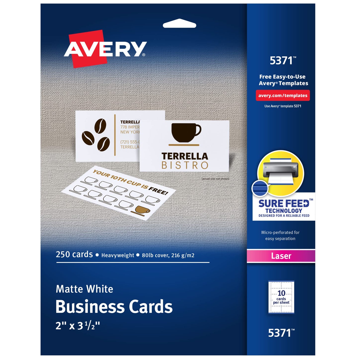 Avery Printable Business Cards with Sure Feed Technology, 2" x 3.5", White, 250 per Pack, 5 Packs, Total of 1,250 Blank Cards for Laser Printers (5371)