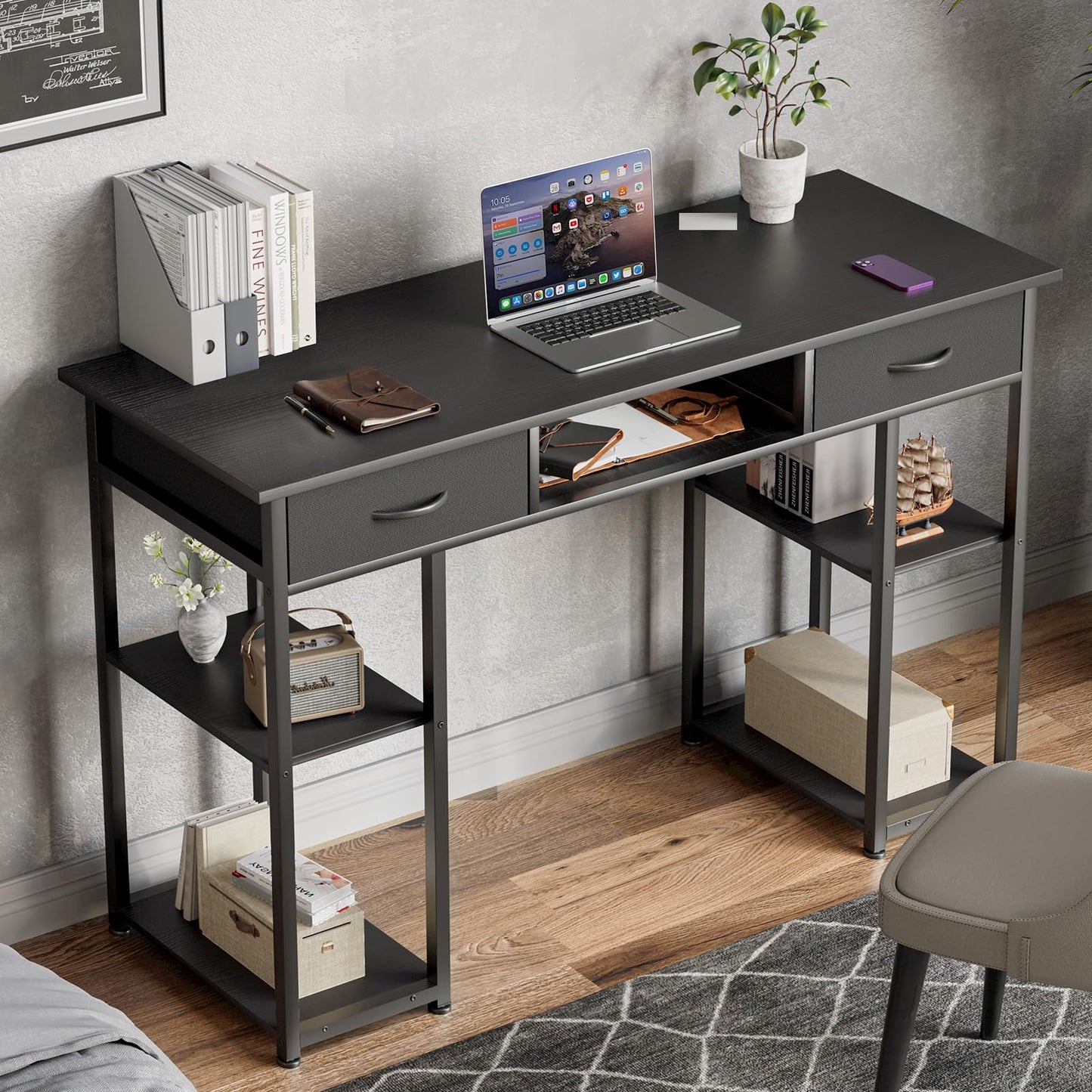 Sweetcrispy Computer Gaming Desk with Drawers- 48 Inch Home Office Bedroom Writing Study PC Table with Storage Shelves, Metal Frame Adjustable Feet, Pure Black