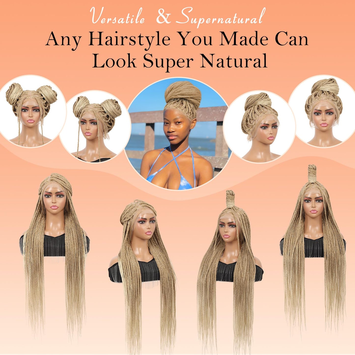 Brinbea 360° HD Full Lace Knotless Braided Wigs for Women Box Braid Wig with Baby Hair Braided Lace Front Wigs Human Hair Blended Braids Wig Long Blonde 36"