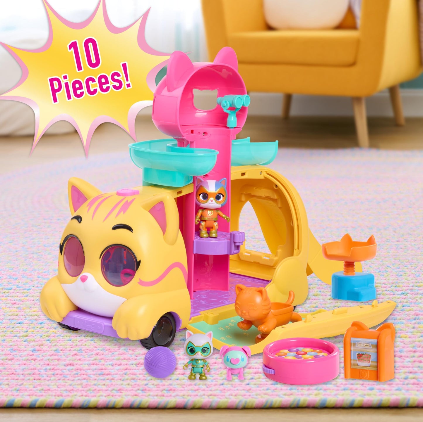 Disney Junior SuperKitties Purr ‘N’ Go Lights and Sounds Playset, 10 Pieces, Articulated Figures, Officially Licensed Kids Toys for Ages 3 Up, Gifts and Presents