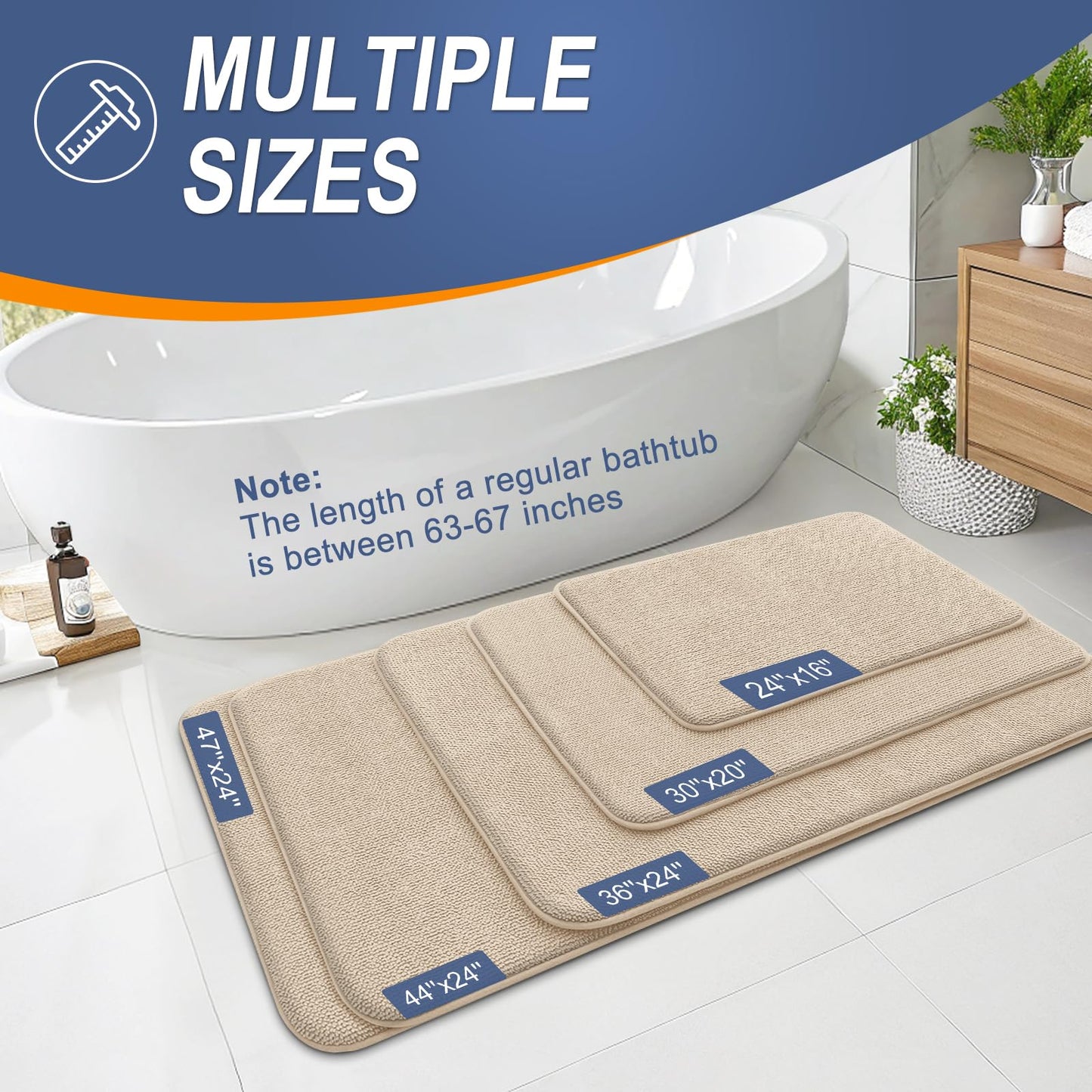 OLANLY Thick Memory Foam Bath Mat Rug 59x35, Extra Soft Absorbent Bathroom Rug, Quick Dry Bath Mats, Non-Slip, Machine Washable Carpet for Bathroom, Tub and Shower, Home Decor Accessories, Beige