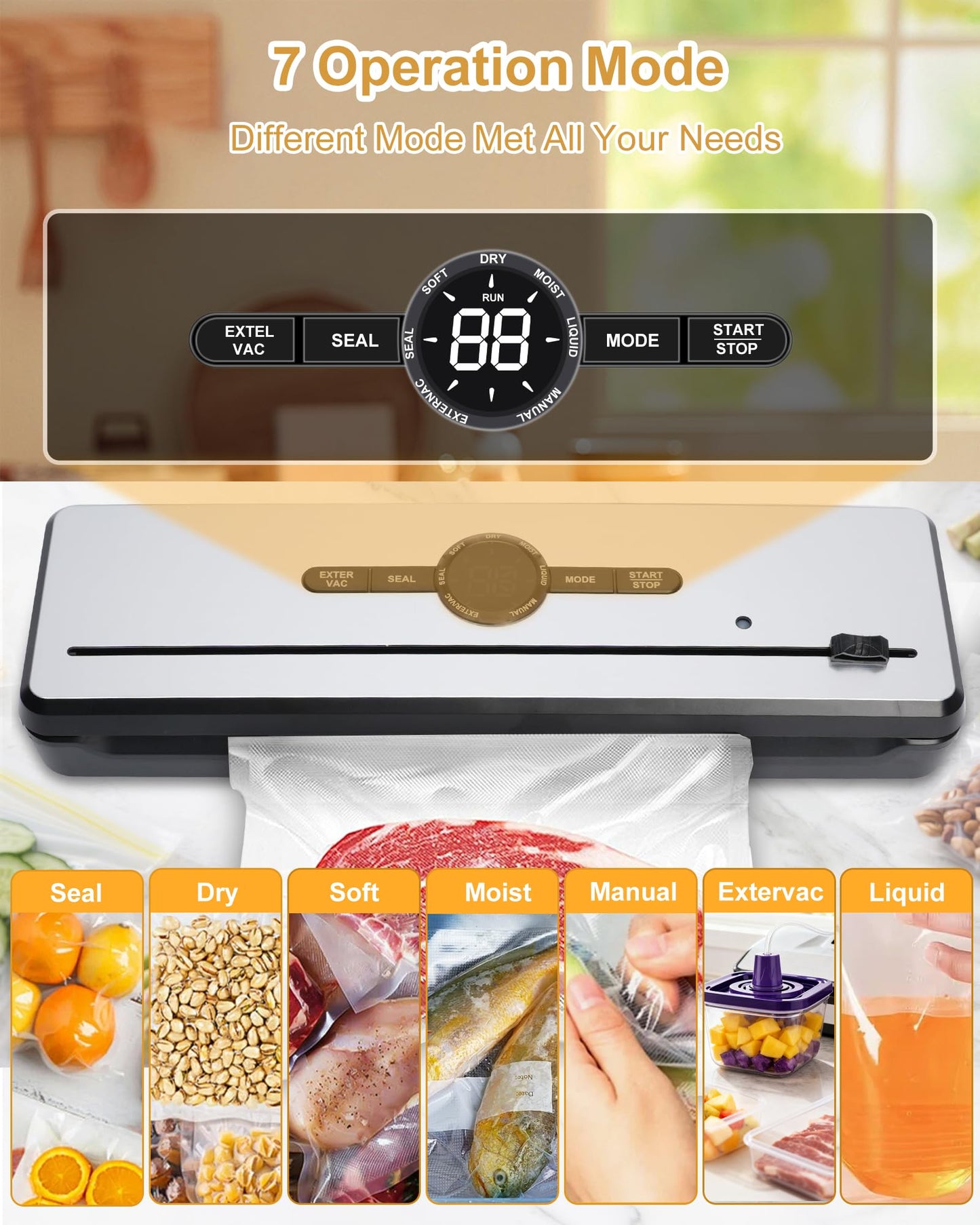 Presoviia Vacuum Sealer Machine 135W - Auto-Stop Food Sealer with Built-in Cutter, 8-in-1 Smart Modes, 5 Vacuum Bags Included, Compact Food Saver for Meal Prep, Sous Vide, Bulk Storage