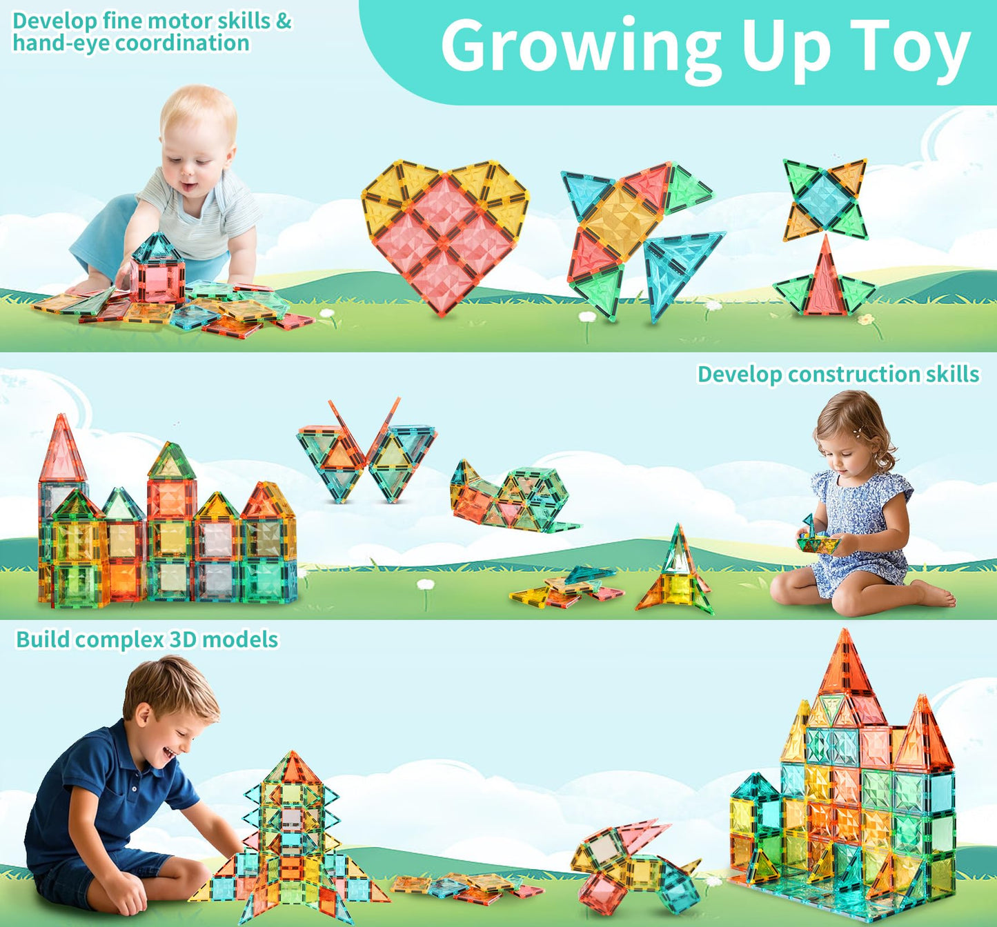 YRZtiles Magnetic Tiles 100-Piece Set for Kids, Magnetic Building Blocks STEM Toys for Age 3+ Boys and Girls, Educational Magnet Construction Tiles for Creativity & Learning