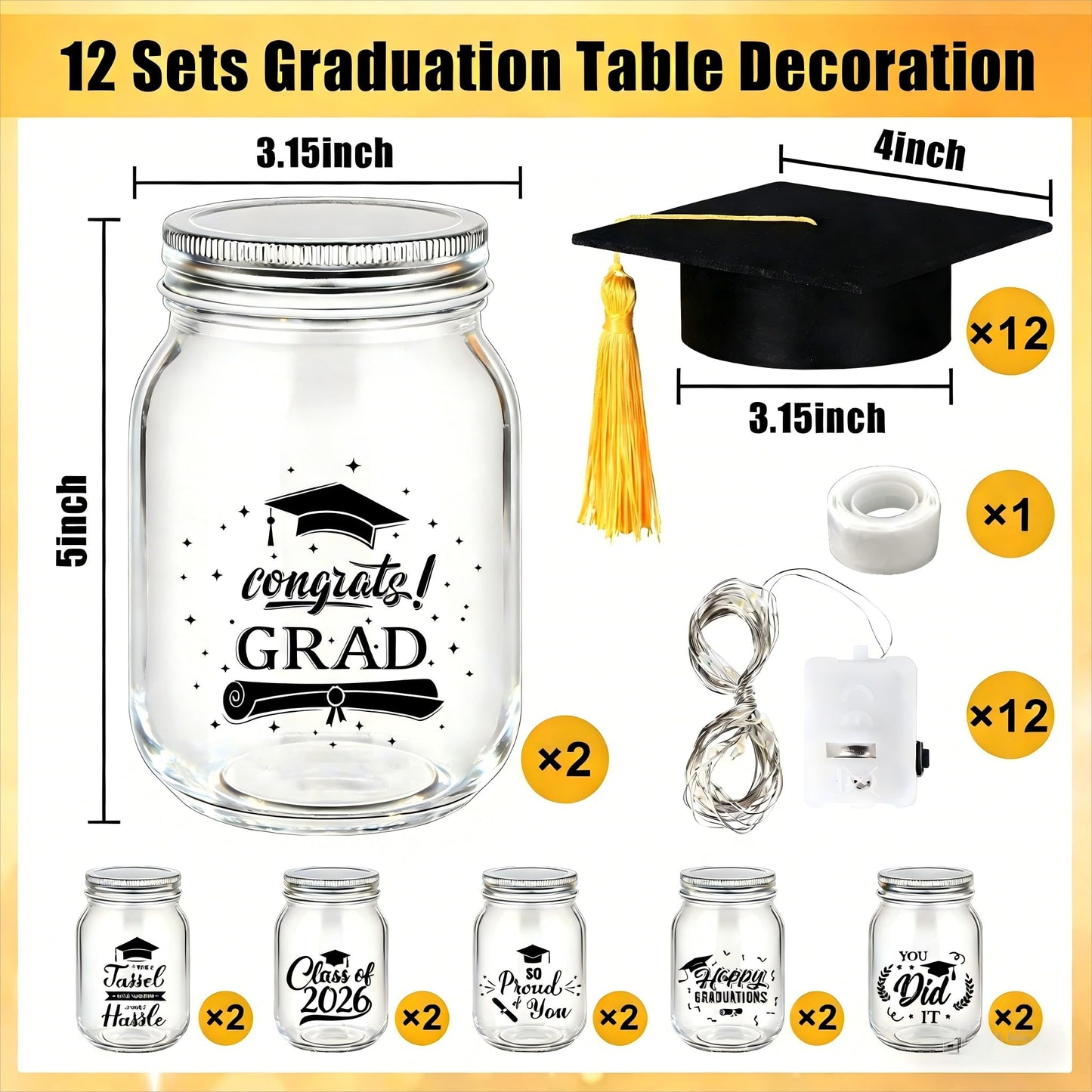 12 Sets 2026 Graduation Table Decoration with Lights, Light up Glass Mason Jars with Printed Designs for Class of 2026 Graduation Table Centerpieces Decor with Grad Hat for Congrats Grad Party Favor