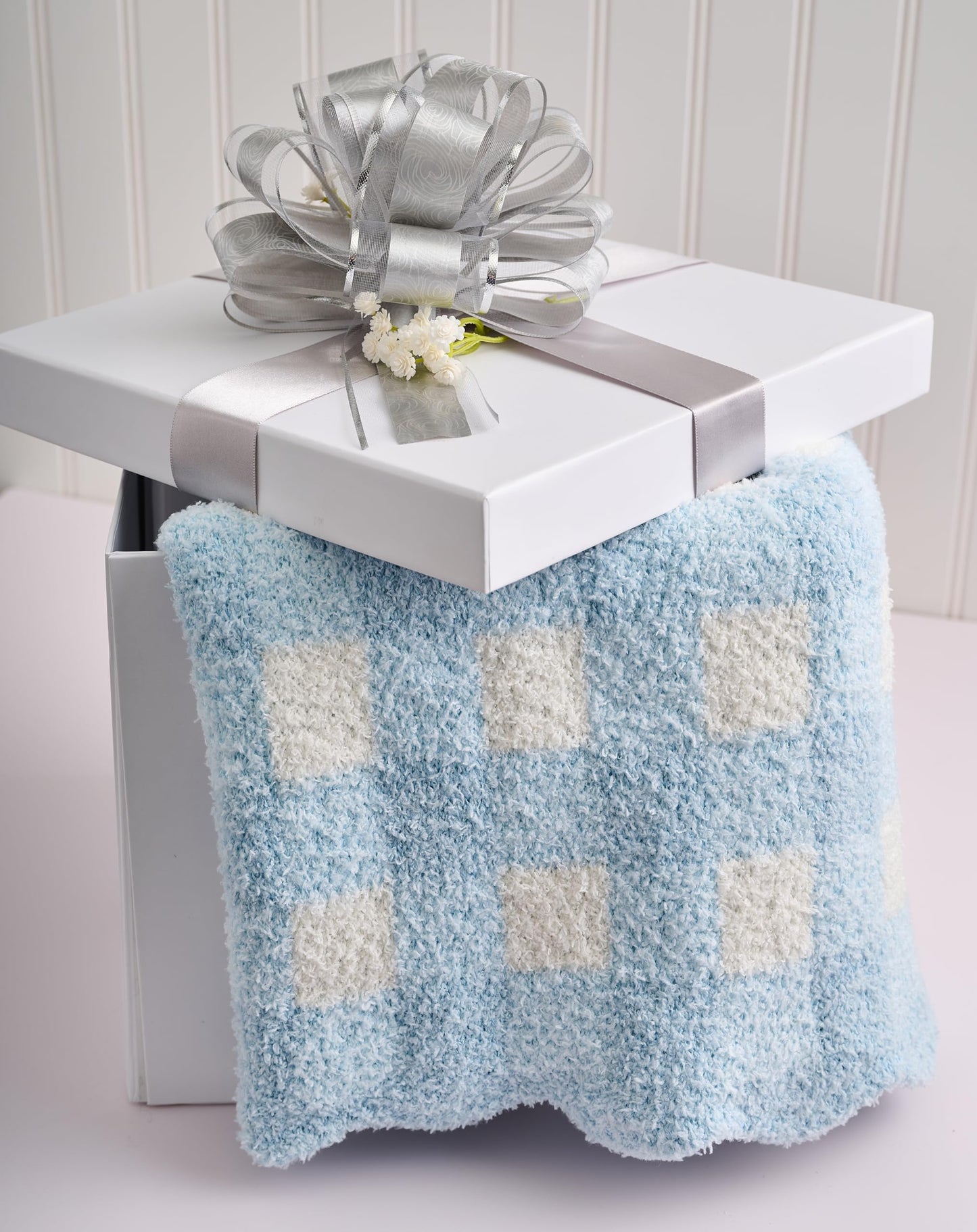 Mud Pie Blue Gingham Chenille Blanket, Soft Baby Blanket for Nursery, Stroller and Shower Gift