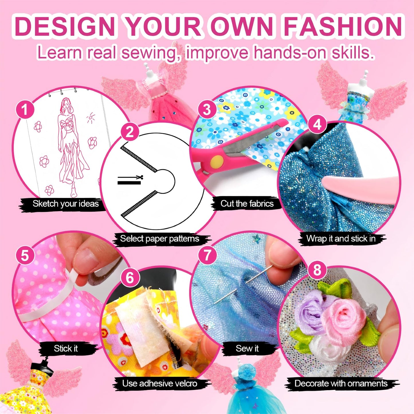Axirata 1000+PCS Fashion Design Kit for Girls Creativity DIY Arts & Crafts Kit for Kids with 4 Mannequins, Fashion Designer Sketchbook, Sewing Kit for Teen Girls Birthday Gift Age 6 7 8 9 10 11 12+