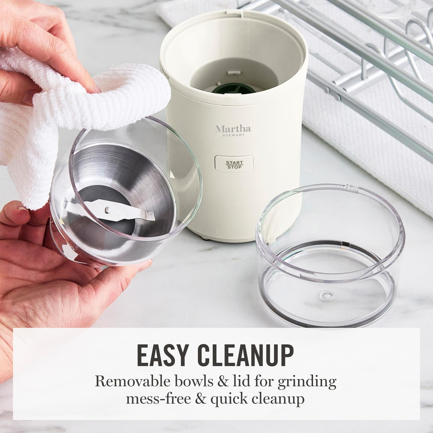 Martha Stewart Electric Coffee & Spice Grinder, Dual 2.5oz Removable Bowls, Storage Lids, Stainless Steel Blades, One Touch Pulse Control, 2-in-1 Compact, Beans & Spices, Herbs & Nuts, Linen Cream