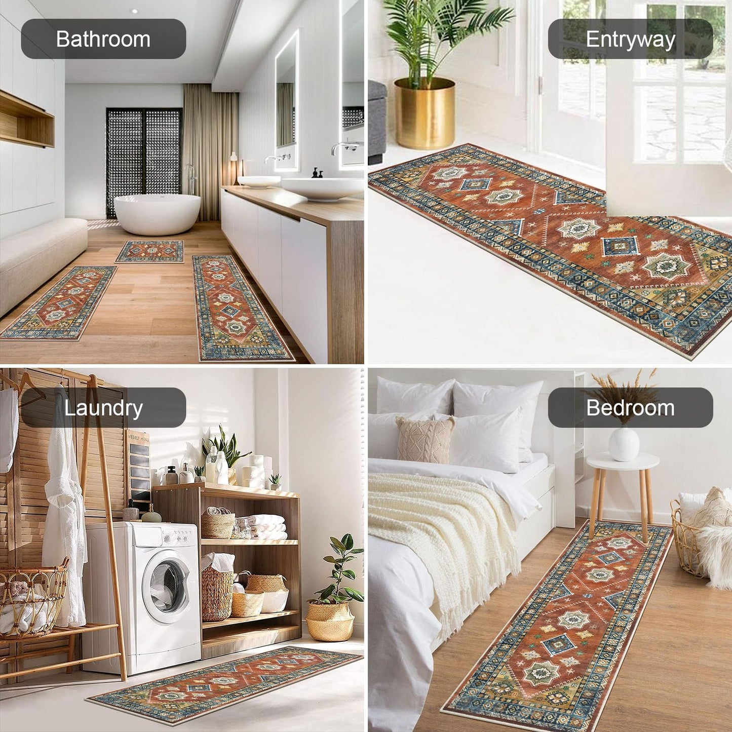 HEBE Boho Kitchen Rug Sets 3 Piece with Runner Non Slip Kitchen Rugs and Mats Washable Kitchen Mats for Floor Thick Kitchen Floor Mat Carpet Runner Rugs for Hallway Laundry Holiday Decor