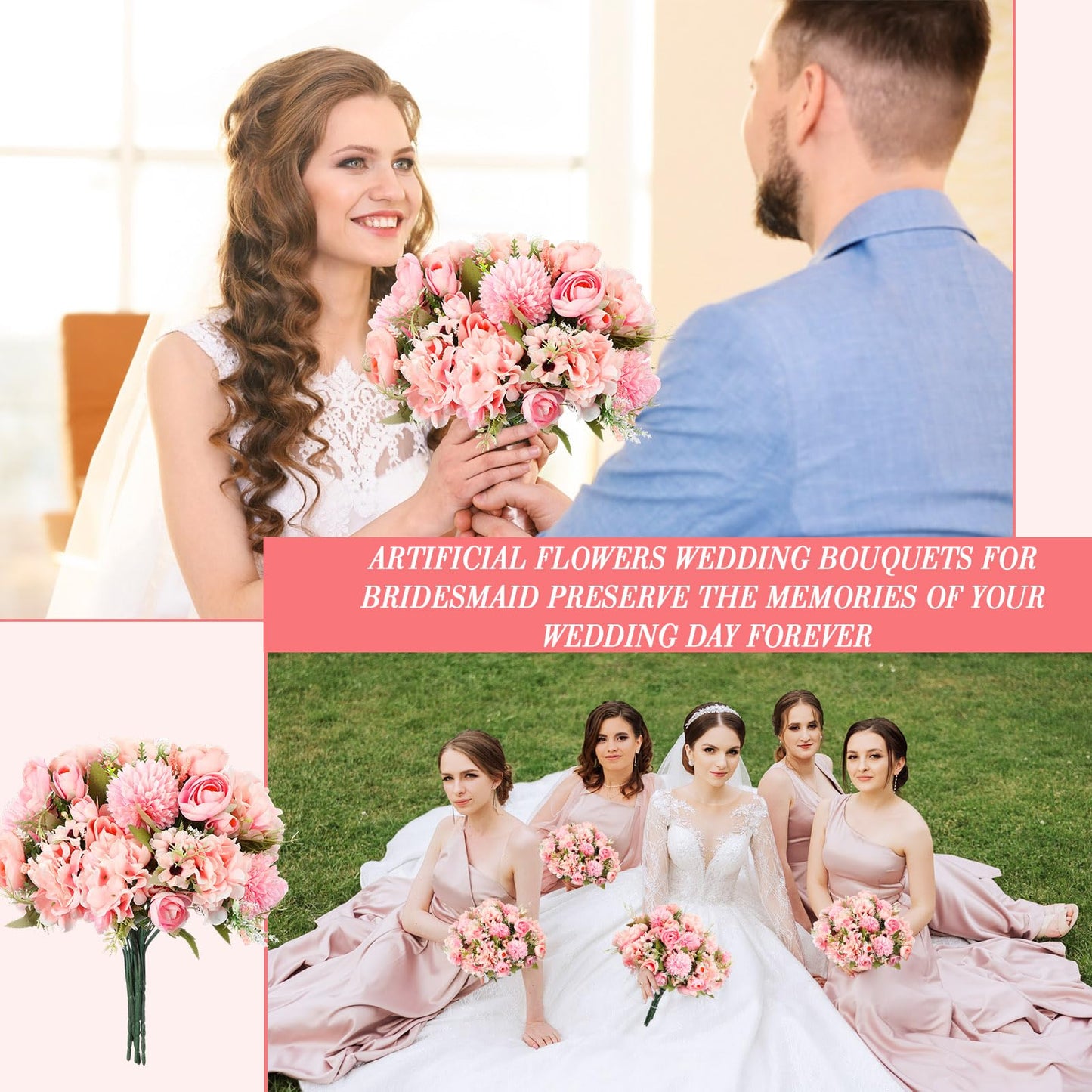 Tigeen Peonies Artificial Flowers Faux Roses Silk Flowers Hydrangea Artificial Bouquet for Wedding Table Centerpiece Floral Vase Home Office Bridal Decor(Pink,12 Bundles)
