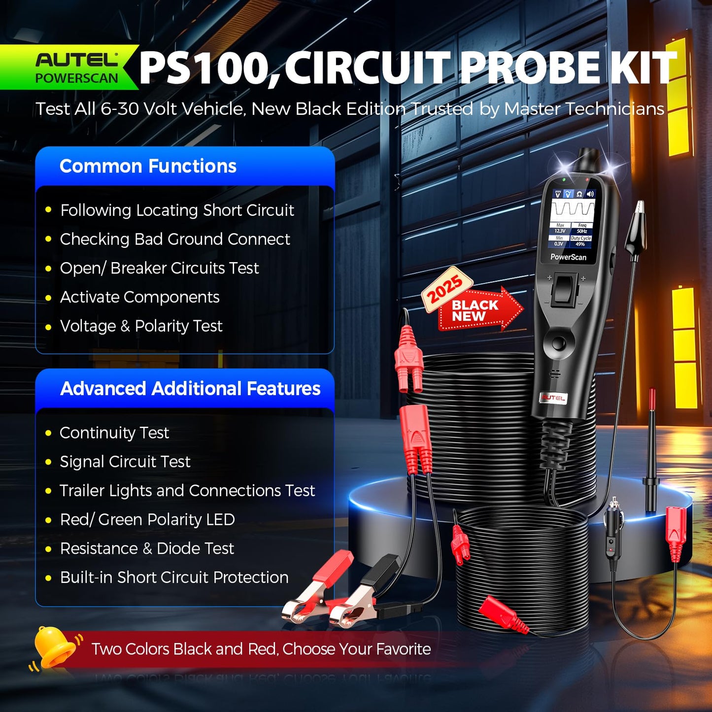 2026 Autel PowerScan PS100 Power Circuit Probe Tester, 12-24V Automotive Electrical Open/Short Breaker Finder, Component Activation Test Tool, AC/DC Trailer Relay Fuse Test, 40FT Cable, for 99% Cars