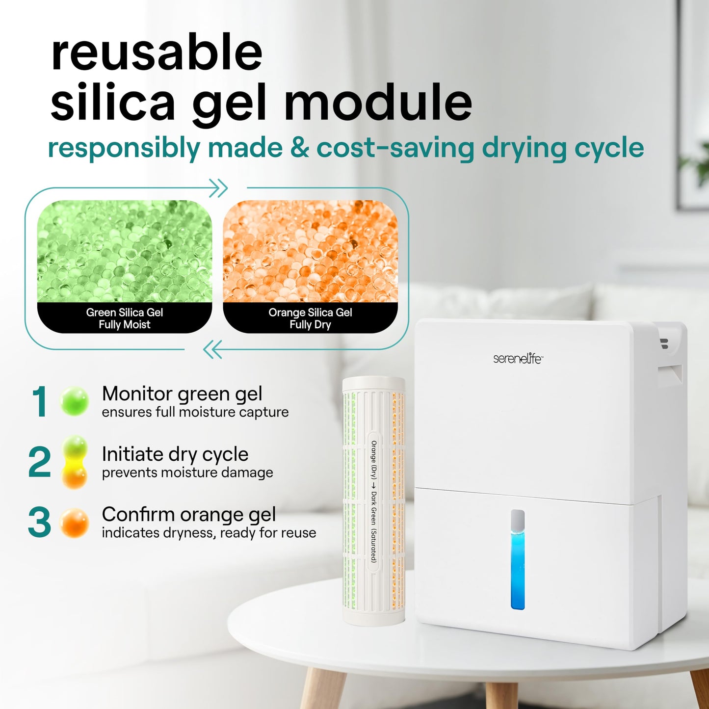 SereneLife 2-in-1 91 Oz Dehumidifier For Home, Bedroom, Bathroom, Basement with Removable Cylinder & Drying Base, Timer, Sleep Mode, & Smart Humidity Control, Covers 1200 Sq Ft 9 x 6 x 13 in, White