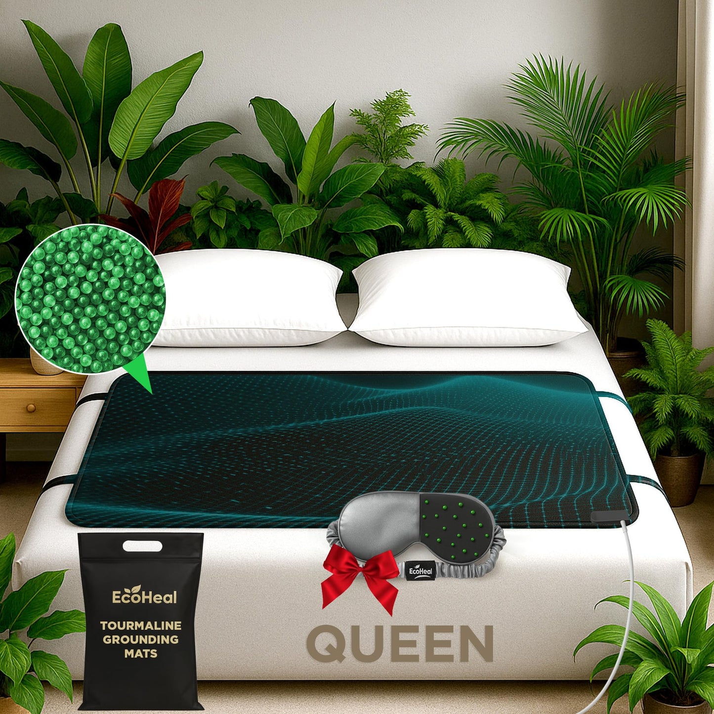 EcoHeal Luxury Tourmaline Grounding Mat Queen 59” x 27” for Bed & Desk – Conductive PU Leather Surface, SGS Certified, Includes Silver Sleep Mask & 15ft Cord