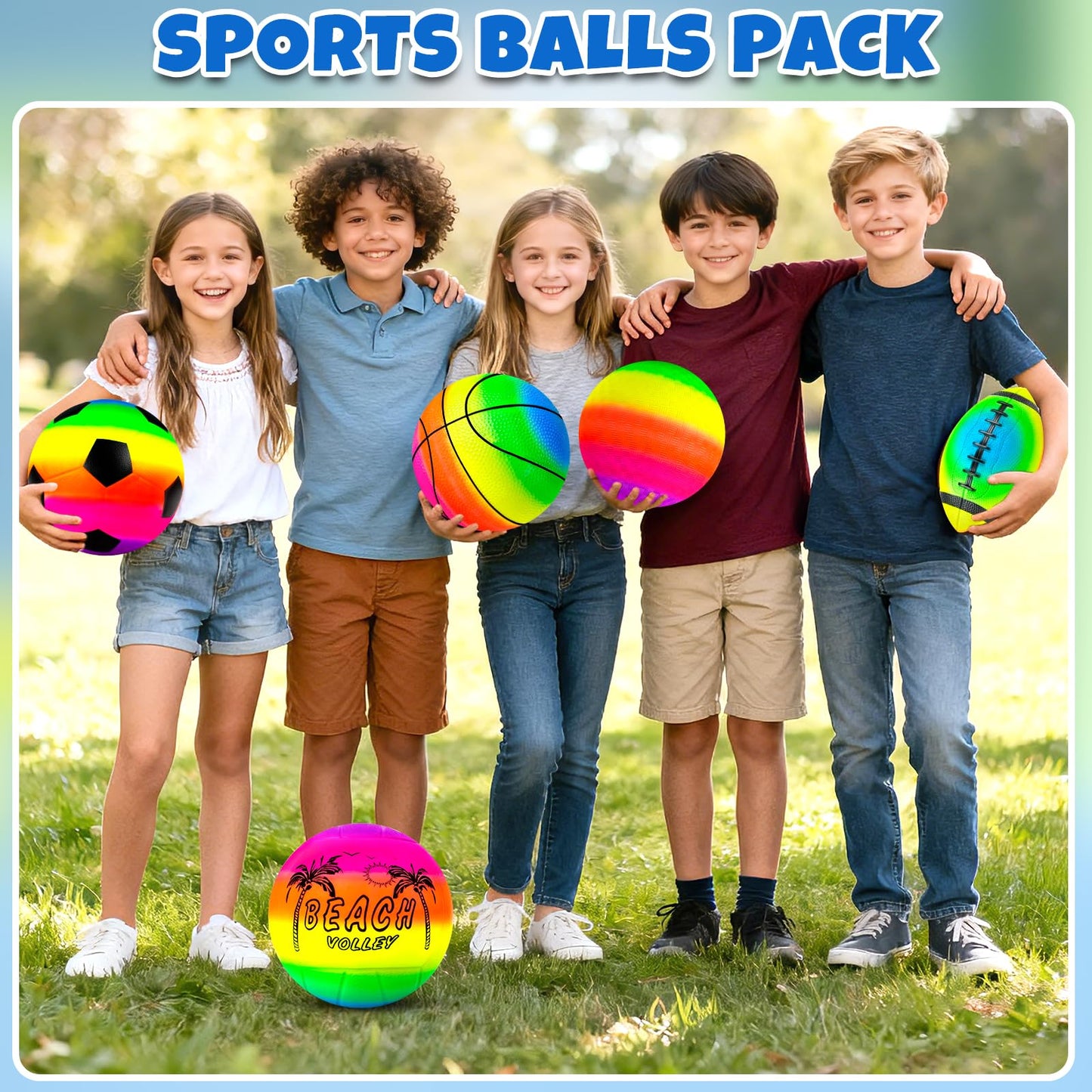 Hymaz 5 Pack Kids Sports Balls Rainbow Playground Balls with Pump for Football, Soccer, Basketball, Volleyball, Dodgeball, Indoor, Outdoor, Beach, Playground, Backyard, Pool, Class Game