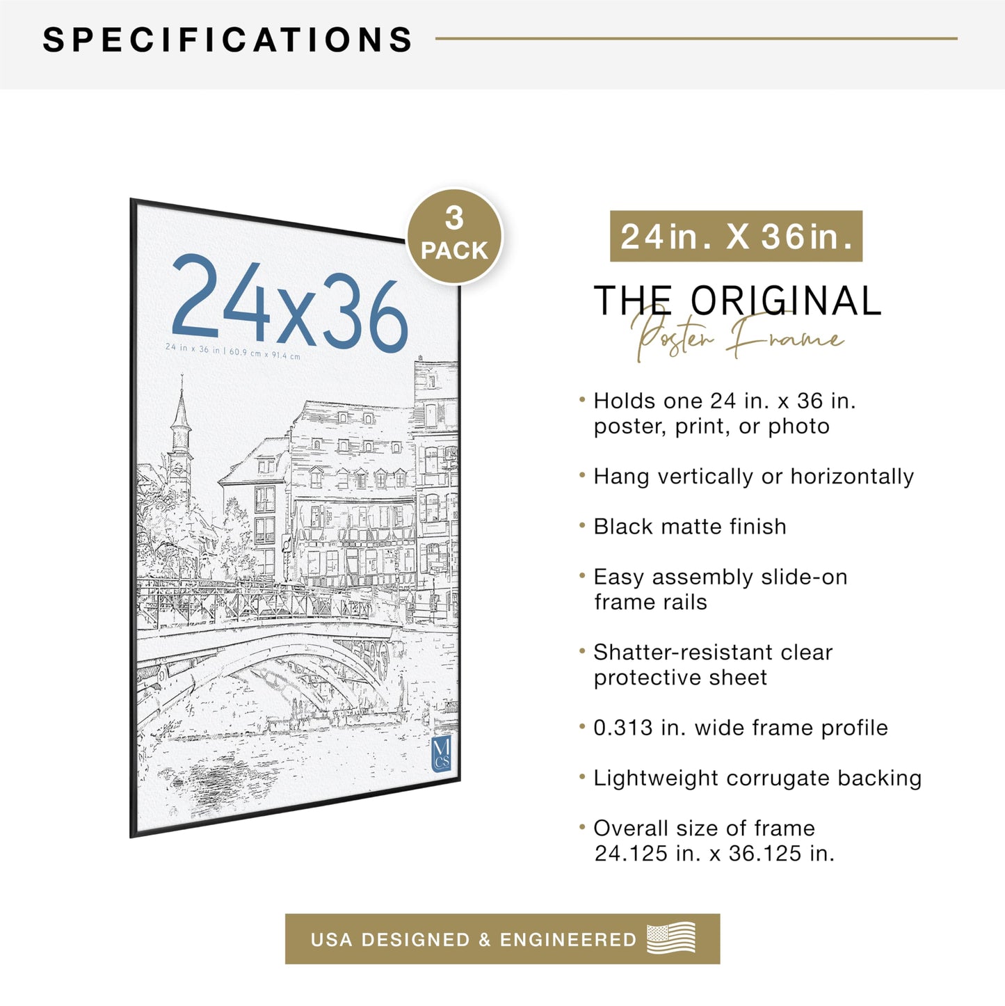 MCS The Original Poster Frame 3-Pack (24"x36") Black - Shatter-Resistant Cover - 1/3" Profile - Lightweight - Vertical & Horizontal Wall Hanging - Large Picture Frames for Posters, Art Prints, Photos