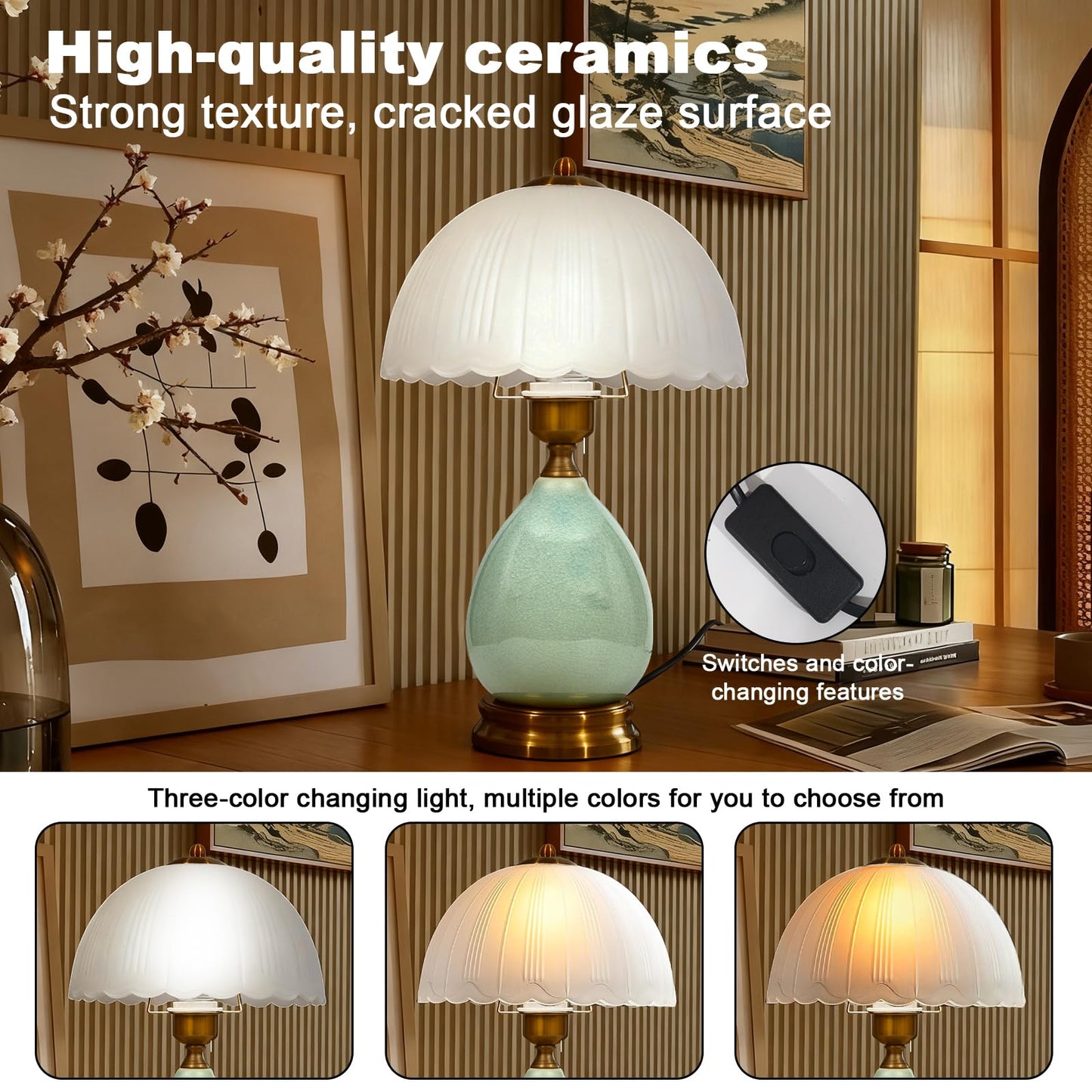 WELAISA Table Lamps Ceramic Retro Lamp for Living Room,16.73" Modern Bedside Nightstand Traditional Lamps, Classic Chinoiserie Green Glass Lamp for Home (French Country)