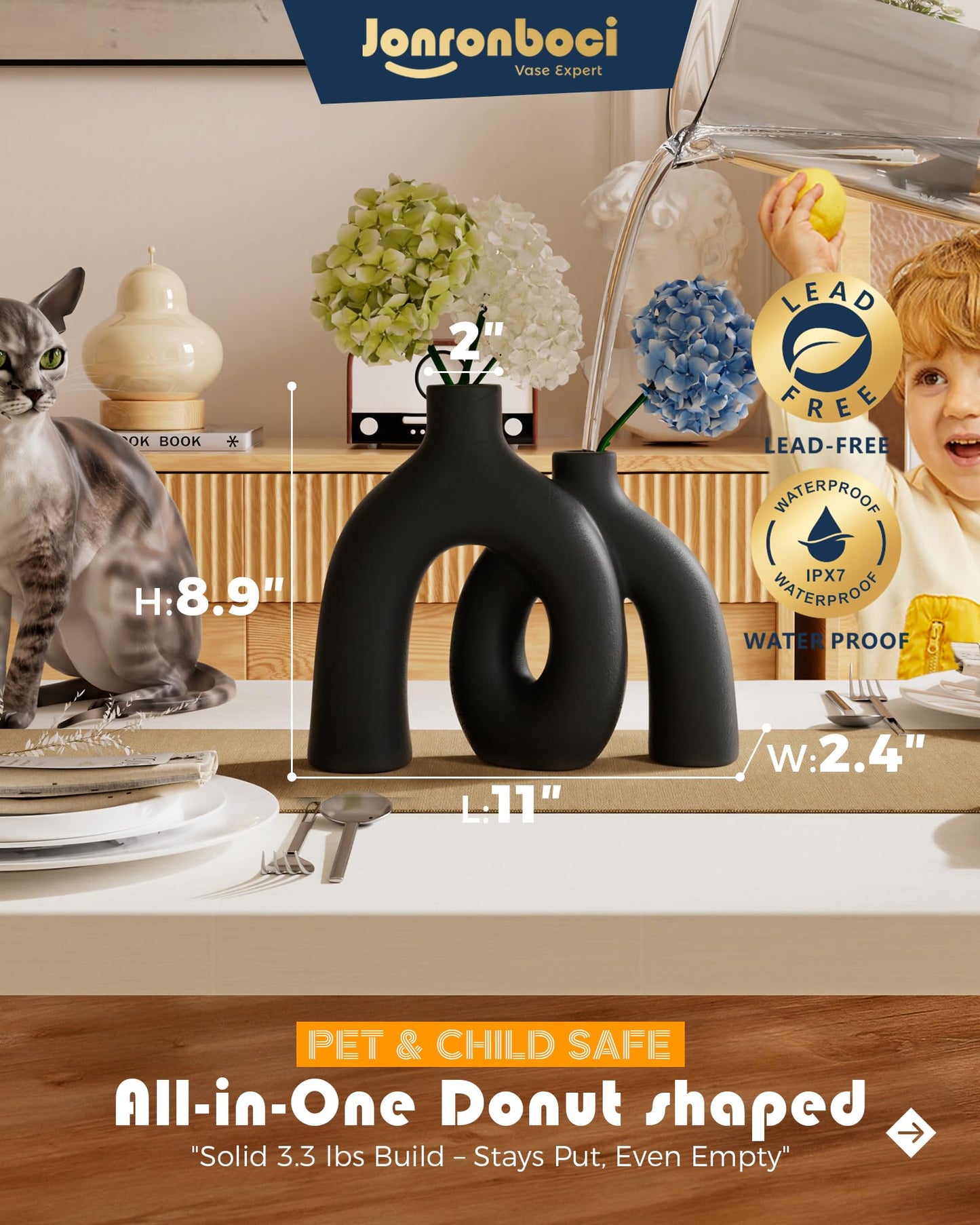 Matte Black Vase Set - Hug Hollow Donut Aesthetic Ceramic Vases Home Decor, Modern Nordic Minimalist Decorative Vase for Table Centerpiece Bookshelf Office Entryway Console Fireplace (Black)