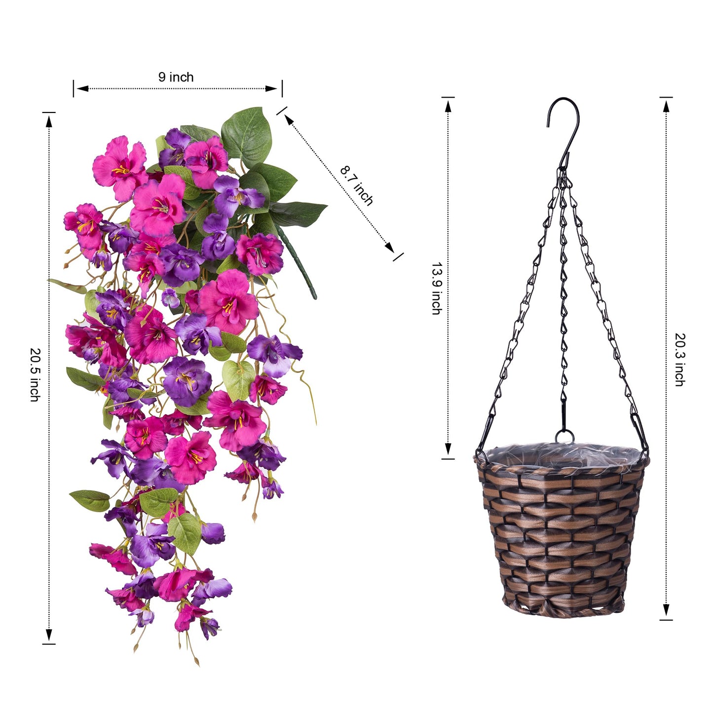 Artificial Fake Hanging Hibiscus Flowers Plants Baskets for Outdoor Outside Spring Summer Decoration, Faux Silk Hibiscus Long Vines in Planter UV Resistant Realistic Flowers (PurpleDarkPurple)