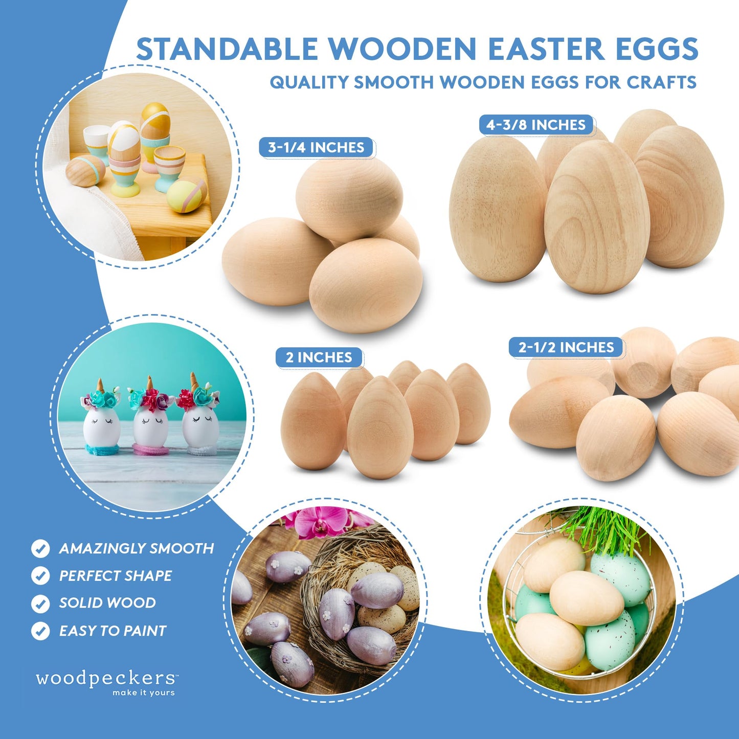 50 Smooth Standable Wooden Easter Eggs to Paint, Quality Small Wooden Eggs for Crafts, Wooden Easter Eggs Paint 2 in, by Woodpeckers