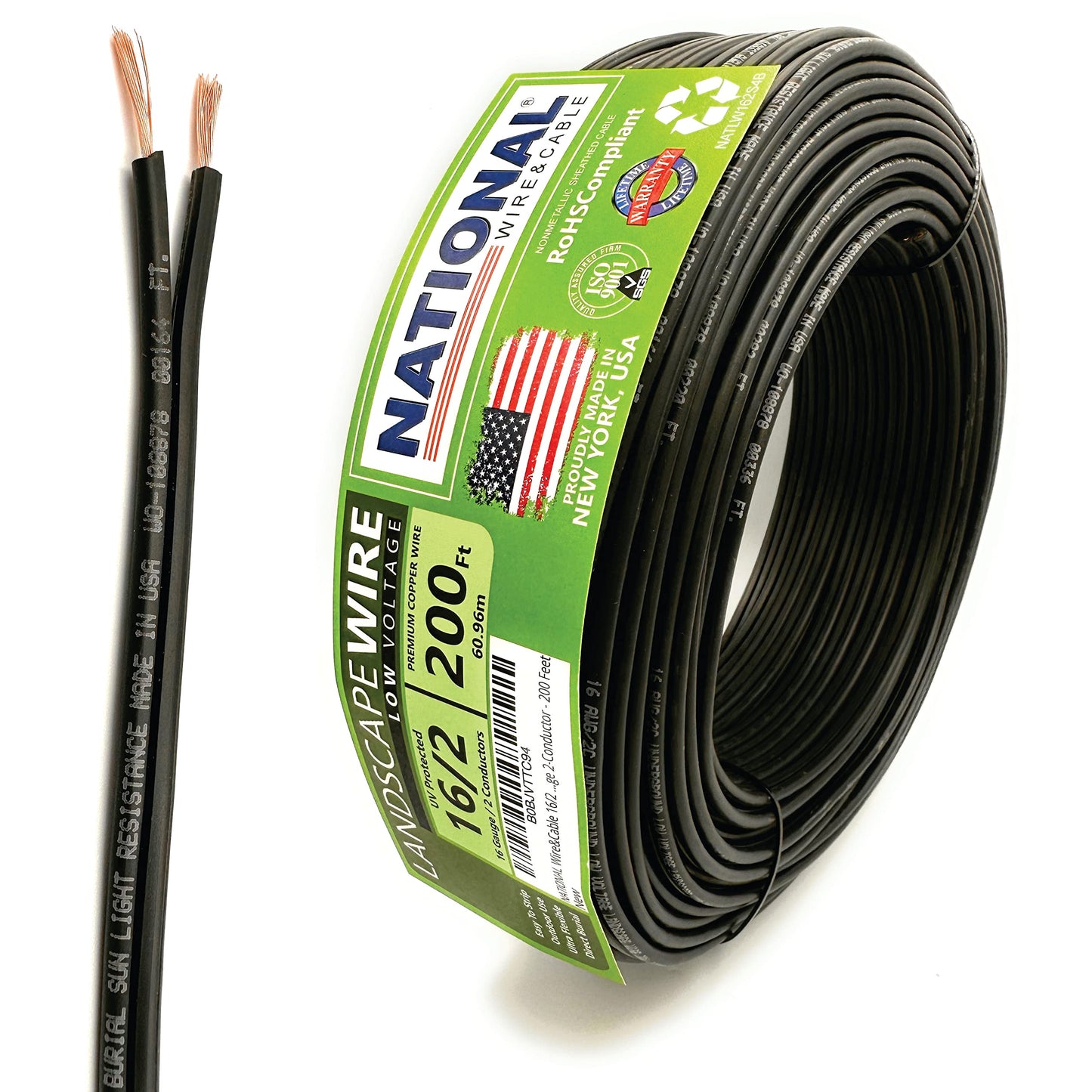 NATIONAL Wire&Cable 16/2 Low Voltage Landscape Lighting Wire - Made in USA - 16-Gauge 2-Conductor - 200 Feet