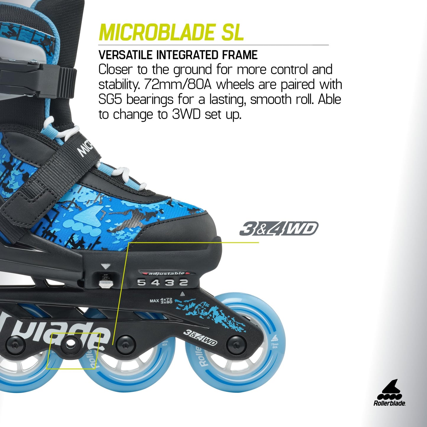 Rollerblade Microblade SL Kids Adjustable Fitness Inline Skate, Black/Sky Blue,Junior, Youth Performance Inline Skates