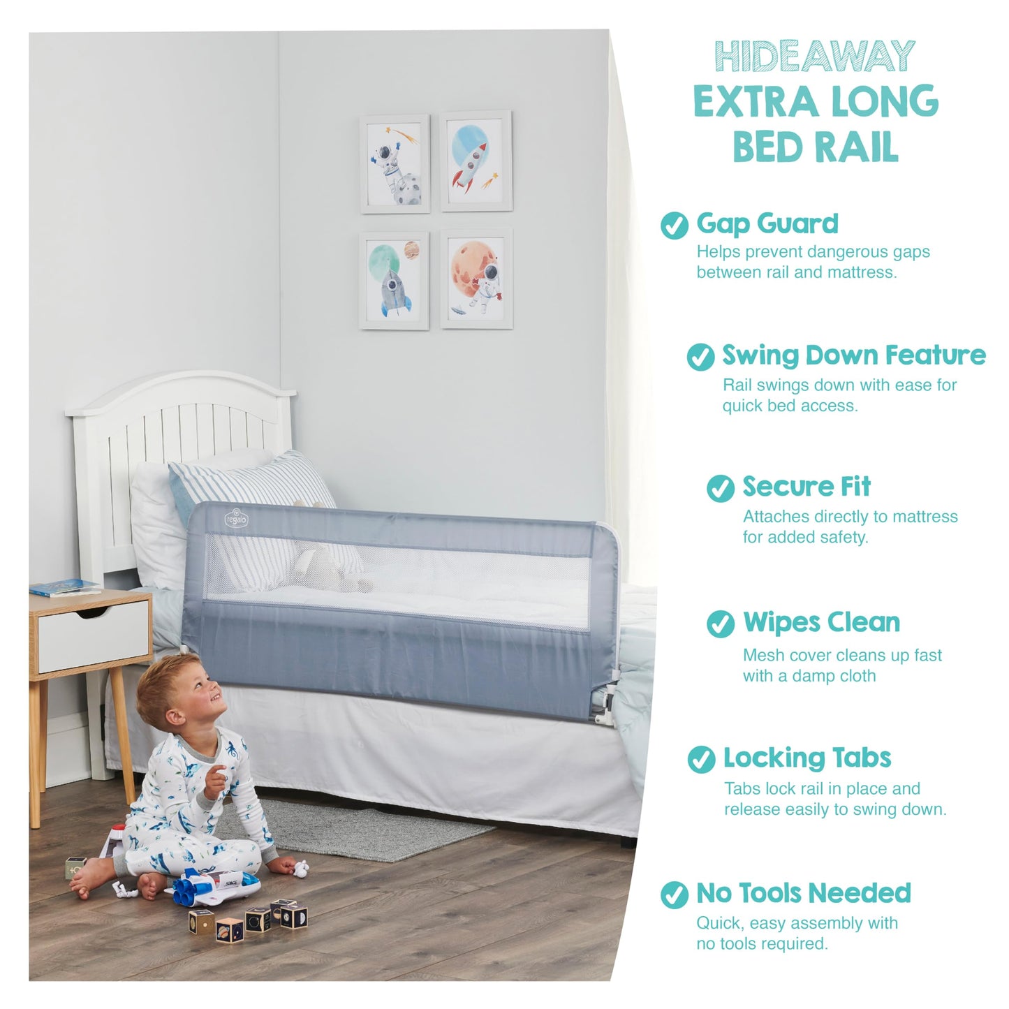 Regalo Safety 54” Extra Long Hideaway Bed Rail Guard for Toddlers, Toddler Bed Rail with Reinforced Anchor Safety System, 20” Tall Bed Safety Rail, Fits Twin, Full & Queen Beds, Gray