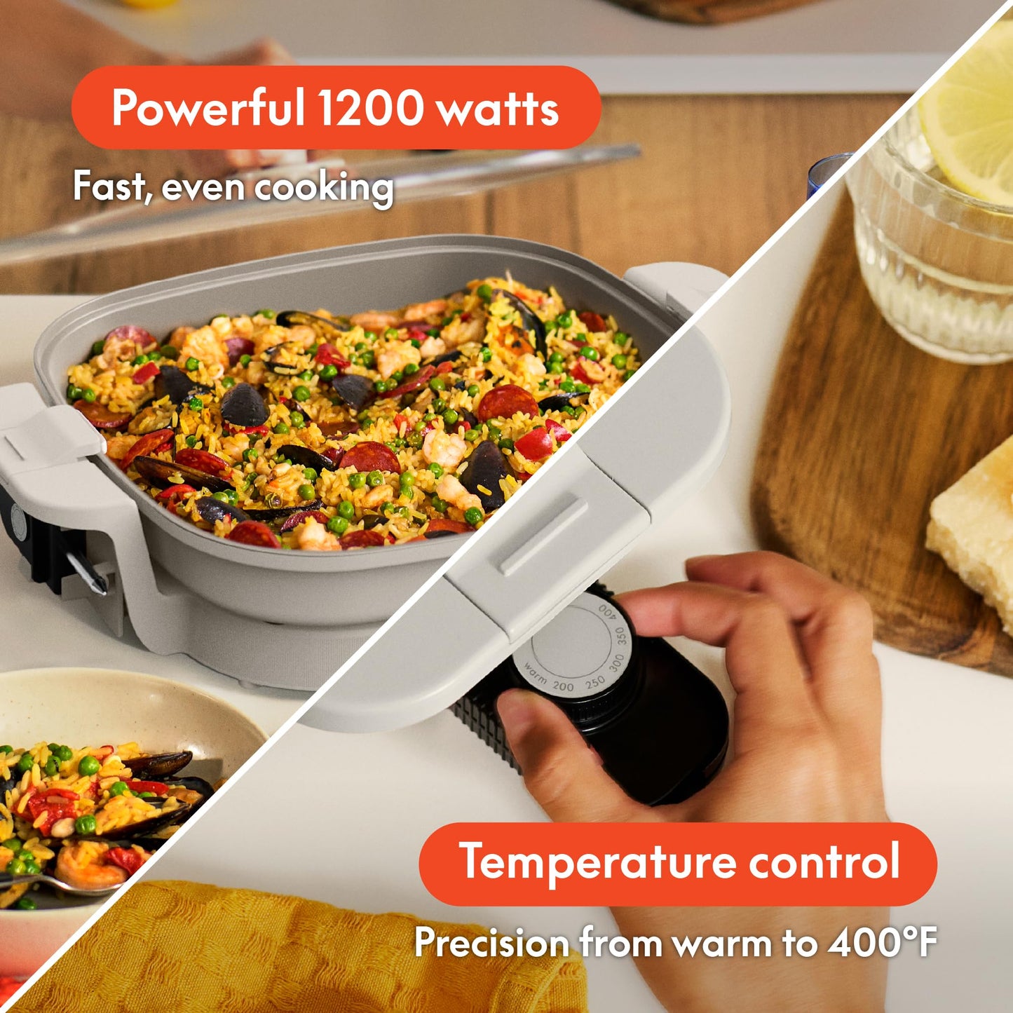 bella Make & Take XL Electric Skillet, Fits-anywhere™ kitchenware, EverGood™ Ceramic Coating, Adjustable Temperature & Dishwasher-Safe Tempered Glass Lid, Cast Aluminum Base, 1200 Watt, Oatmilk
